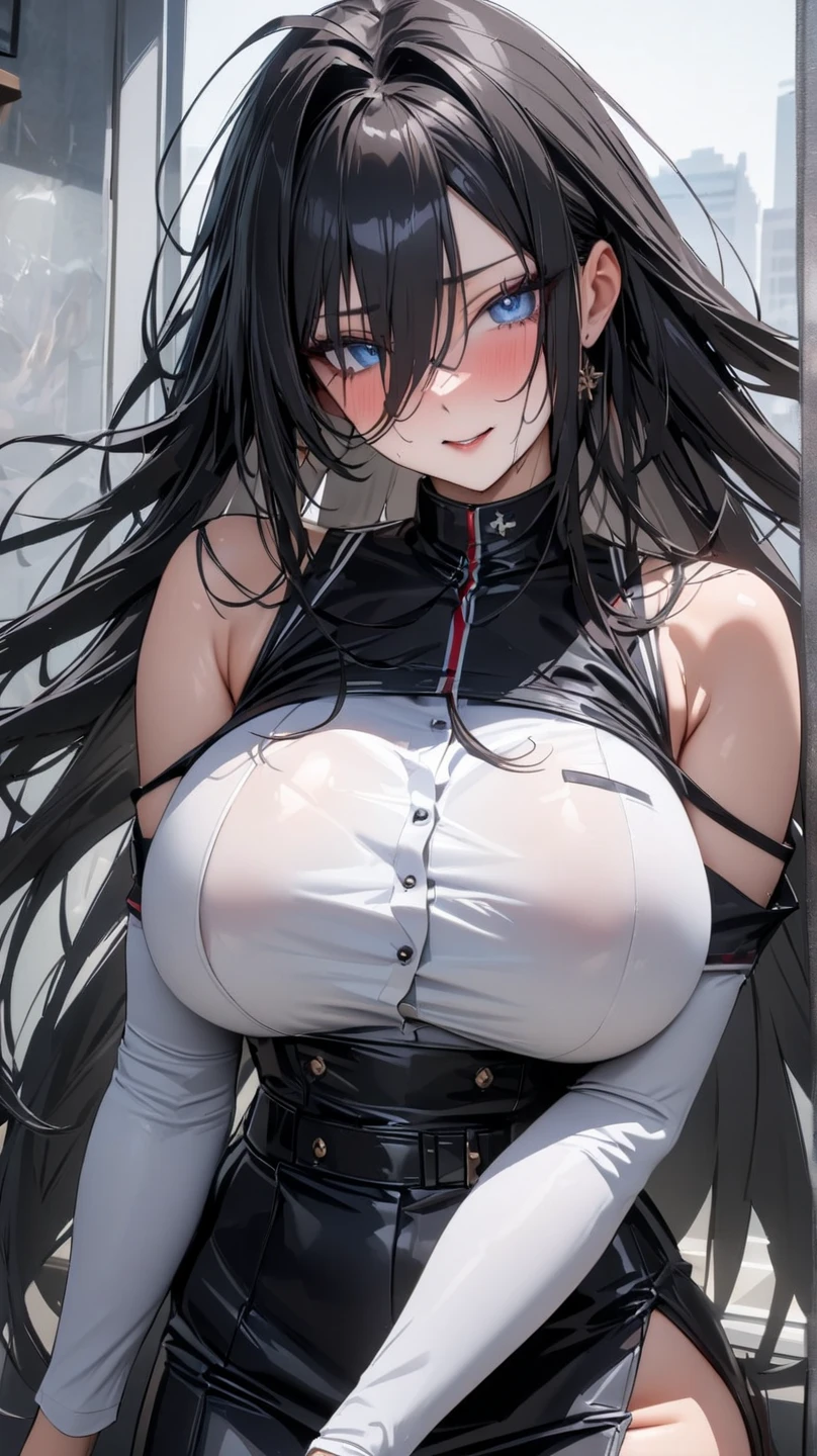 Kaori, Single model, solo, half Asian, half Latino, very long straight black hair, freckles, blushing, wet eyes, long chain pendant, very large heavy breasts, chubby, belly, stretchmarks, fitted long sleeve red lycra crop top with mesh front, bondage harness, collar, cuffs