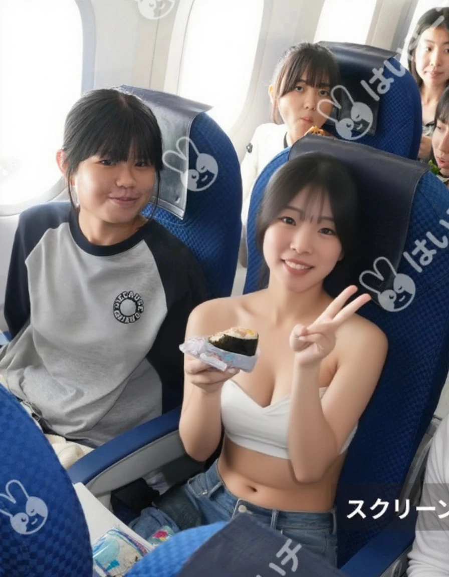 A 13-year-old woman with a cute idol-like face. Kind and cute. She is naked and her bust is a little smaller. She is talking completely naked to her father, who is wearing a suit and sitting next to him on the plane. Raw photo. real life. sofa. Copyright is not displayed