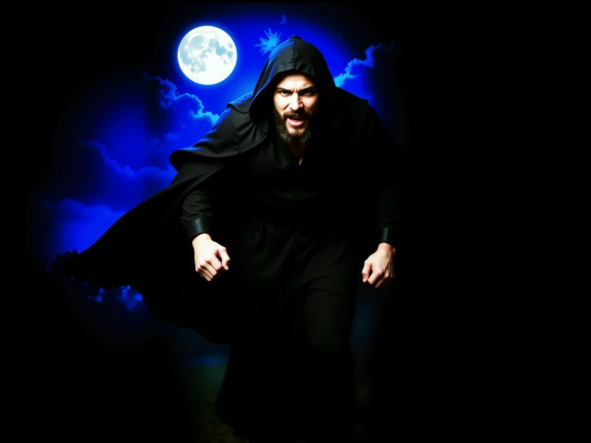 Night scene with a full moon. An angry man walks directly toward the viewer. He wears flowing black robes (tunic and cloak) that envelop him with the intensity of his movements. His fists are clenched, and his face is partially obscured by a hood. He has a thick black beard streaked with gray. The moonlight casts dramatic shadows on his face and clothing. The background is dark and somber, with swirling clouds and faint silhouettes of trees. The atmosphere is tense and cinematic, evoking dark fantasy and gothic drama.