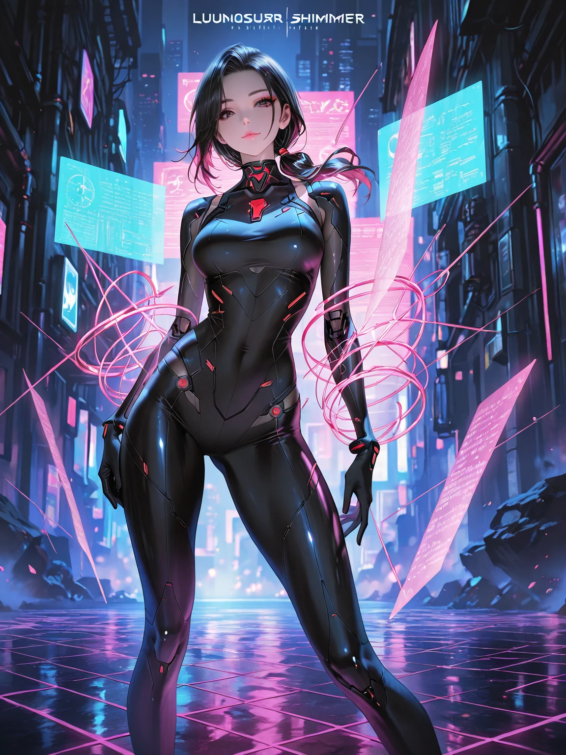 full body, Futuristic girl in high tech combat suit, Smooth, skin-tight bodysuit, Detailed facial features, Sharp Eye, Elegant pose, Advanced Machinery, Neon Light, Metallic accents, Cinema Lighting, Vibrant colors, Dramatic atmosphere, Ultra-detailed, 8k, Shoulder Bare, Exposed Skin, Realistic、Exposed breasts、