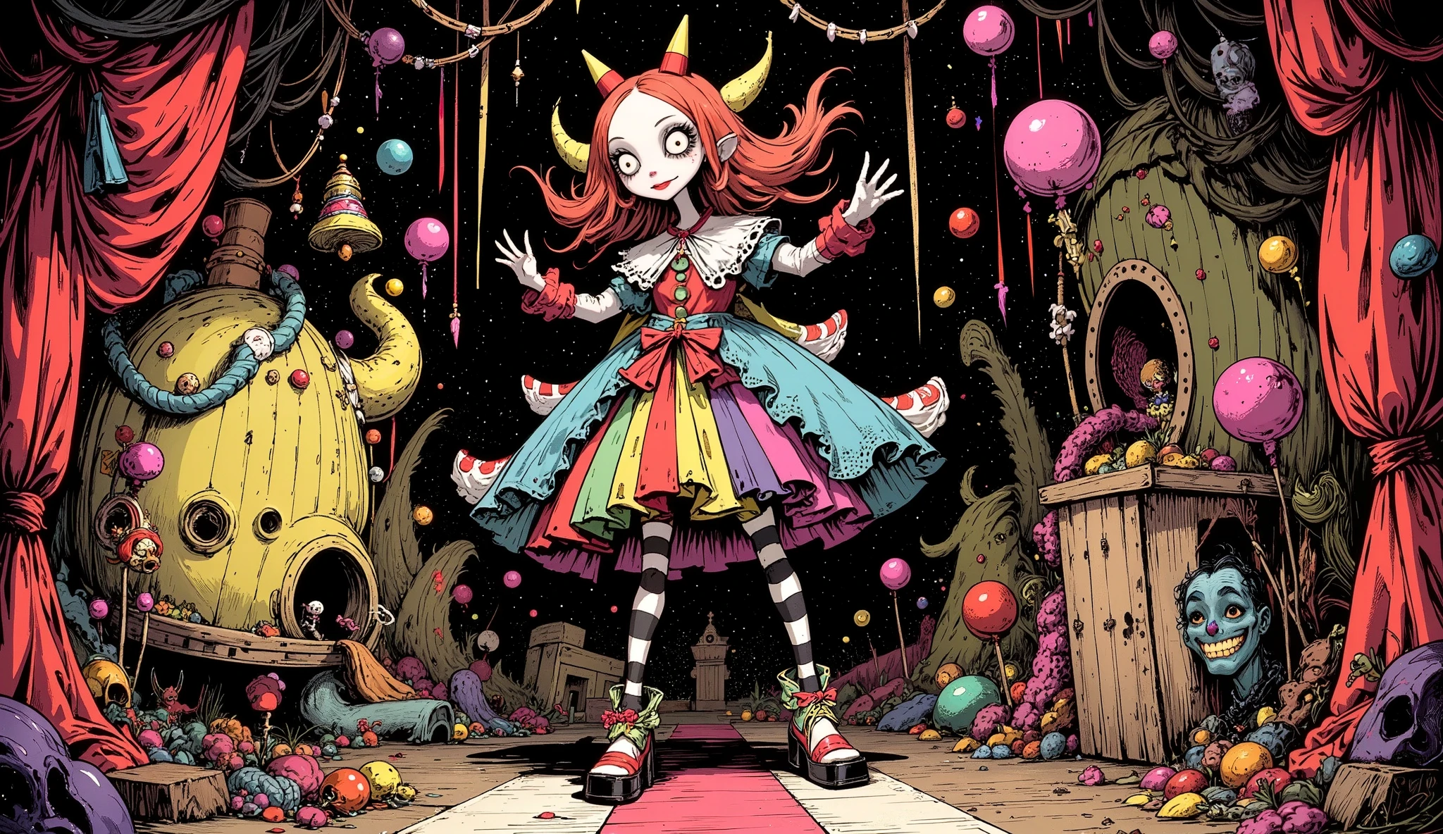 nsfw, Tim Burton Style、circus clown girl、 dynamic composition、Lively circus decorations、Burton Style、2dイラストレーション