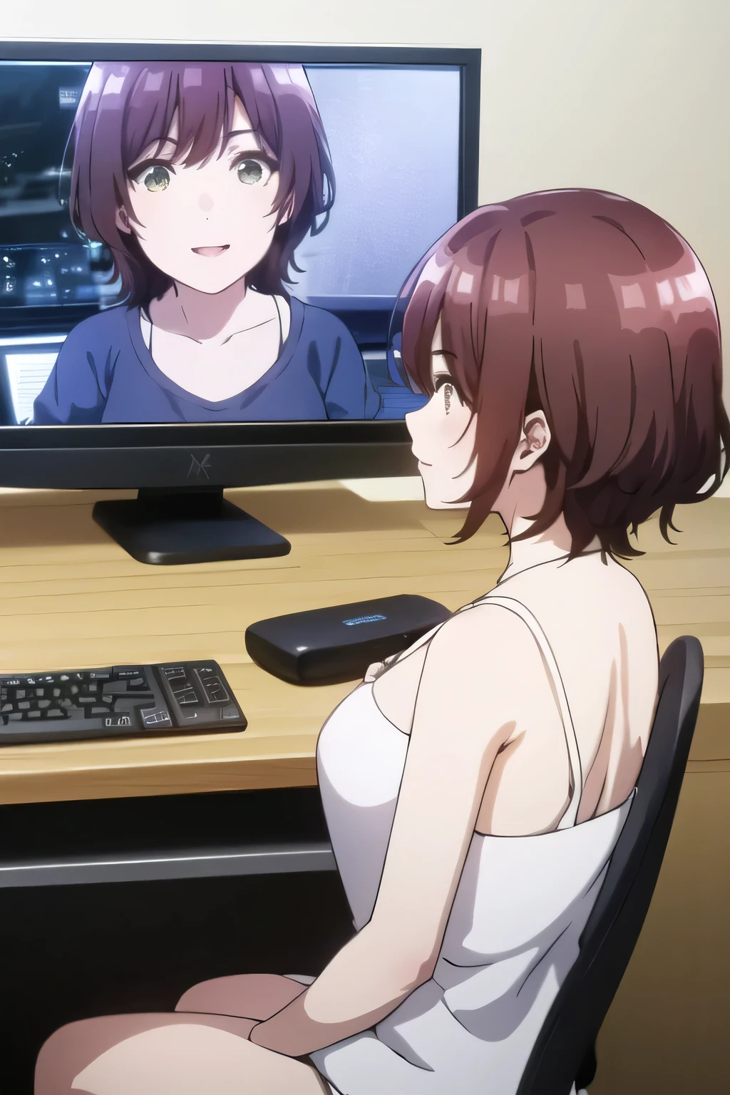 can you draw a woman who can afford to win the game and a smiling woman, and a woman with short brown hair rubbing comfortably ,can you draw a live video game,両手でゲームWoman with controllerを描いてください,Smiling Yang,pin microphone attached,Draw a woman playing a live game in her room,operate the controller while looking at the monitor,Woman with controller,in plain clothes,、facing the monitor on the table,Facial expressions are important, So、don't cut off her face,operate the controller with both hands while looking at the monitor can you draw details of hands and feet {X} accurately operate the controller with both hands while looking at the monitor、can you draw details of her hands and feet {X} operate the controller while looking at the monitorcan you draw details of hands and feet,Alone,animated CG,