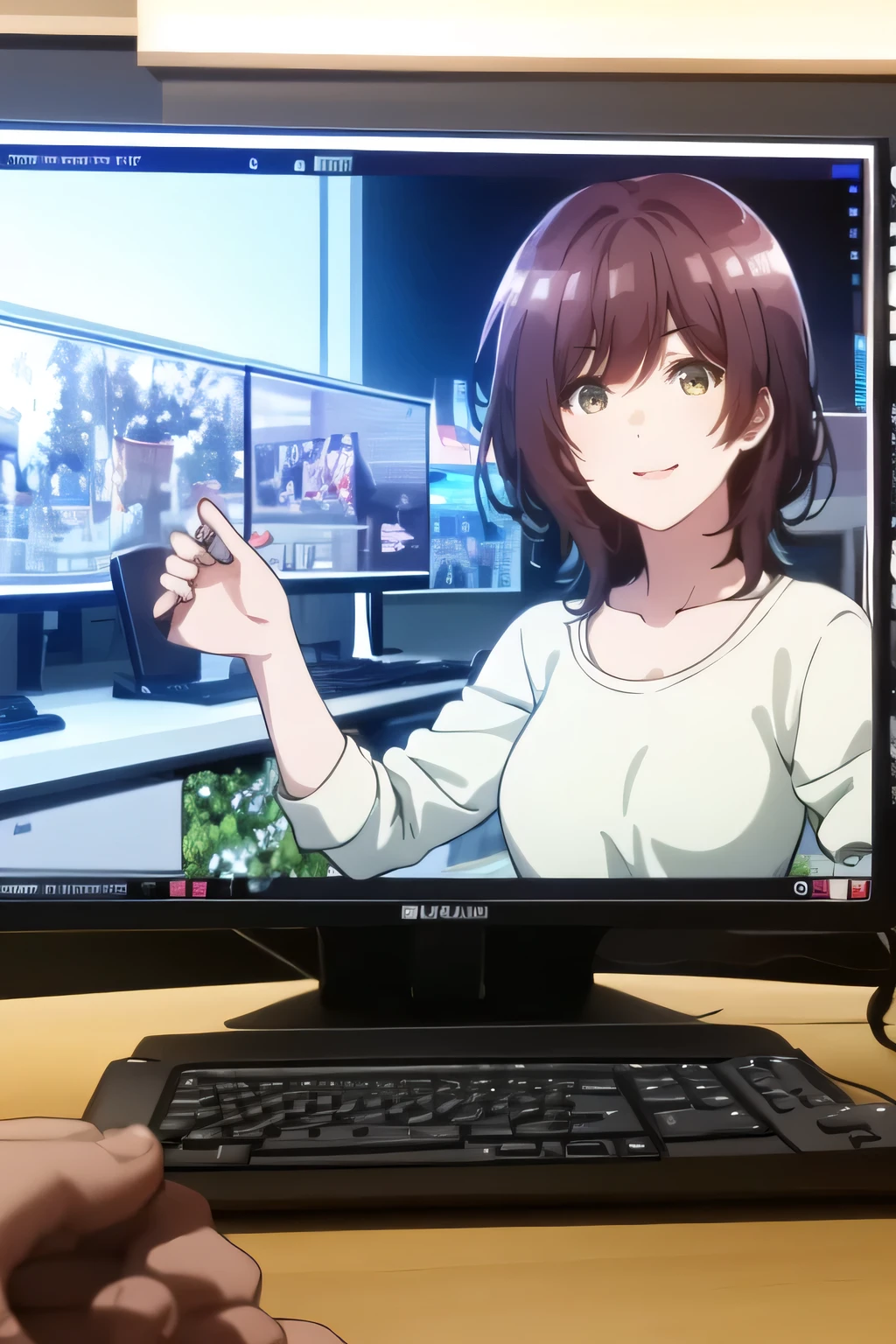 can you draw a woman who can afford to win the game and a smiling woman, and a woman with short brown hair rubbing comfortably ,can you draw a live video game,両手でゲームWoman with controllerを描いてください,Smiling Yang,pin microphone attached,Draw a woman playing a live game in her room,operate the controller while looking at the monitor,Woman with controller,in plain clothes,、facing the monitor on the table,Facial expressions are important, So、don't cut off her face,operate the controller with both hands while looking at the monitor can you draw details of hands and feet {X} accurately operate the controller with both hands while looking at the monitor、can you draw details of her hands and feet {X} operate the controller while looking at the monitorcan you draw details of hands and feet,Alone,animated CG,