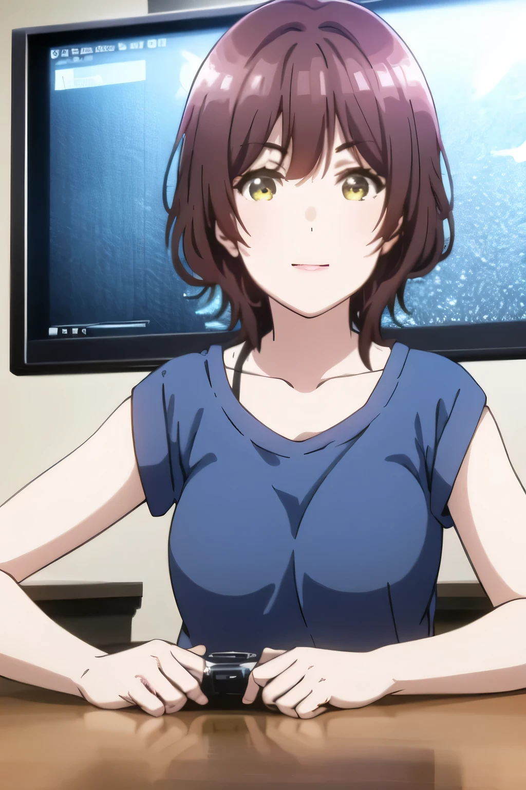 can you draw a woman who can afford to play games and a smiling woman?, and、A woman with short brown hair is comfortably rubbing her body。 ,woman holding games,両手でゲームfacial expression is importantを描いてください,smiling Yang,ピンマイク付き,draw a woman playing a live game in a room。,can you draw live video games,facial expression is important,in plain clothes,、facing the monitor on the table,with pin microphone, So、don't cut off her face,While looking at the monitor、use the controller with both hands。 can you draw details of her hands and feet {X} accurately While looking at the monitor、use the controller with both hands。、can you draw details of her hands and feet while looking at the monitor? {X} can you draw live video gamescan you draw details of her hands and feet,Alone,animated CG,