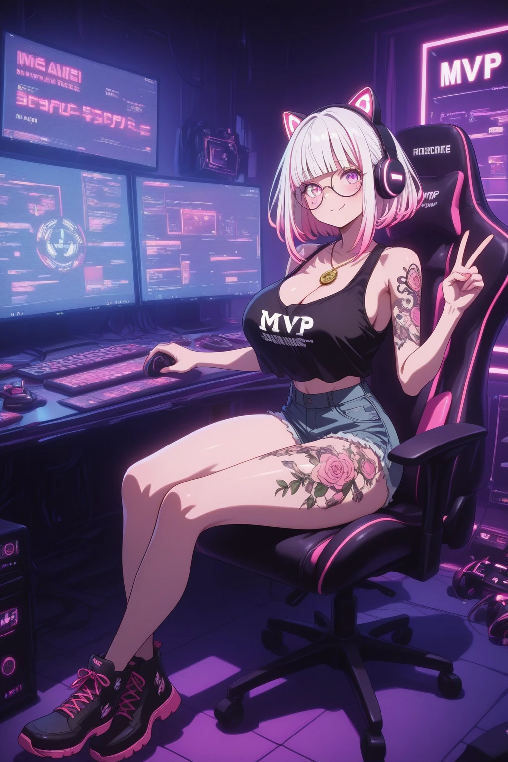 1girl, (AngelMS:1.3), tongue out, concentrated, mexican, white hair, (large breasts:1.3), panties, sitting, upper body, (gaming chair, rgb, keyboard, gamer, headphones,), gaming room, 8k, RAW photo, best quality, masterpiece,realistic, photo-realistic