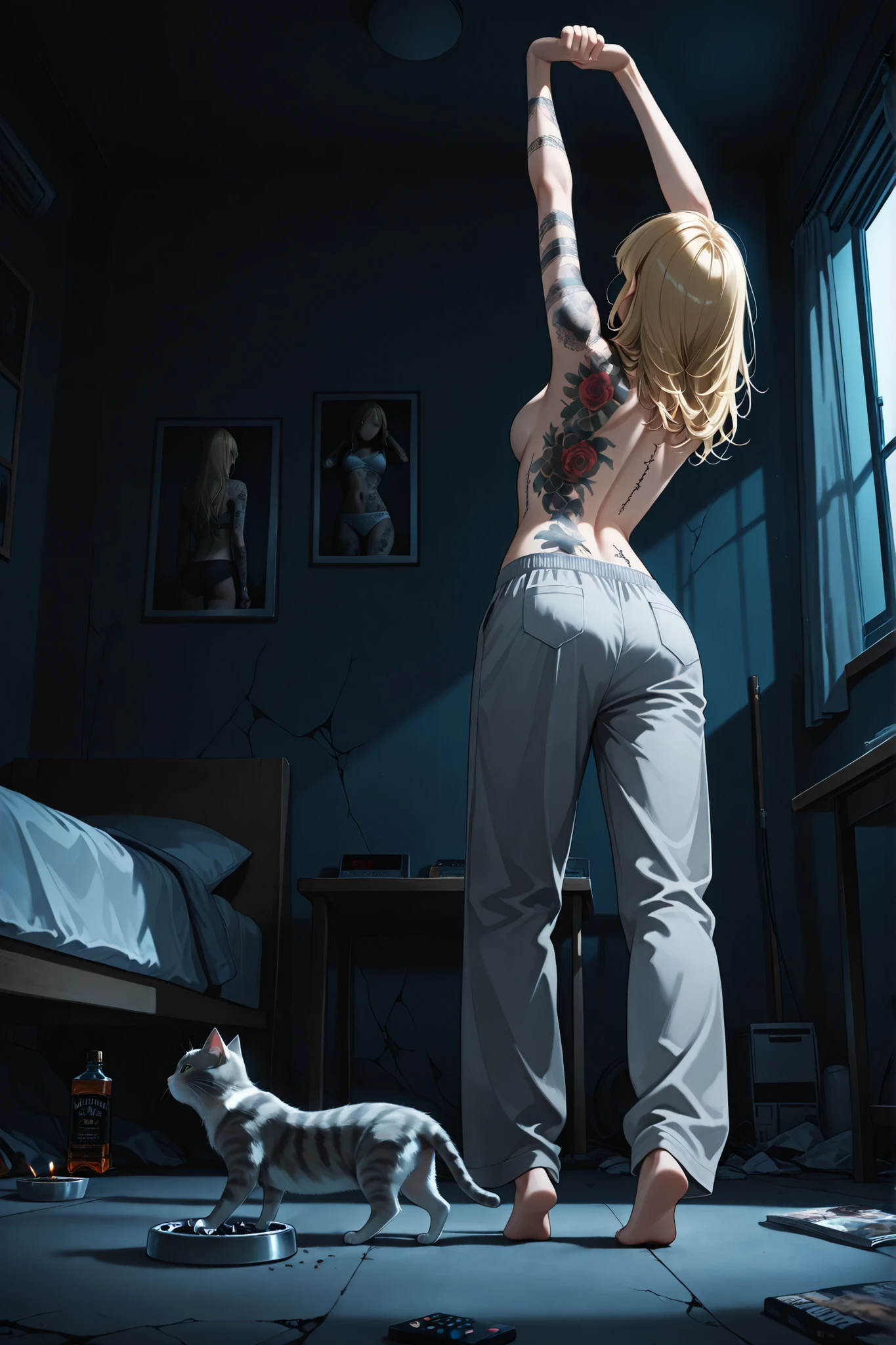 semi-realistic,alta calidad,A room on the 2nd floor of an apartment where the morning sun comes in,(dark room:1.4),(illuminate from the background:1.3),ruined apartment,(A simply furnished room,underwear, clothes and magazines scattered on the floor),Single bed with tube,kitten,(a bottle of whiskey and an ashtray with glasses and cigarette butts on a low glass table),alta calidad,Back view, remote low angle shot, character as part of land,ginebra1,Woman standing tiptoe in front of a window and stretching out her back,arched back and small head back, stretch, kana01,1 adult woman, gray pajama pants,crack in the , , shirtless,(lots of tattoos on the back and upper arm:1.2),gray monochrome floral tattoo,blonde hair