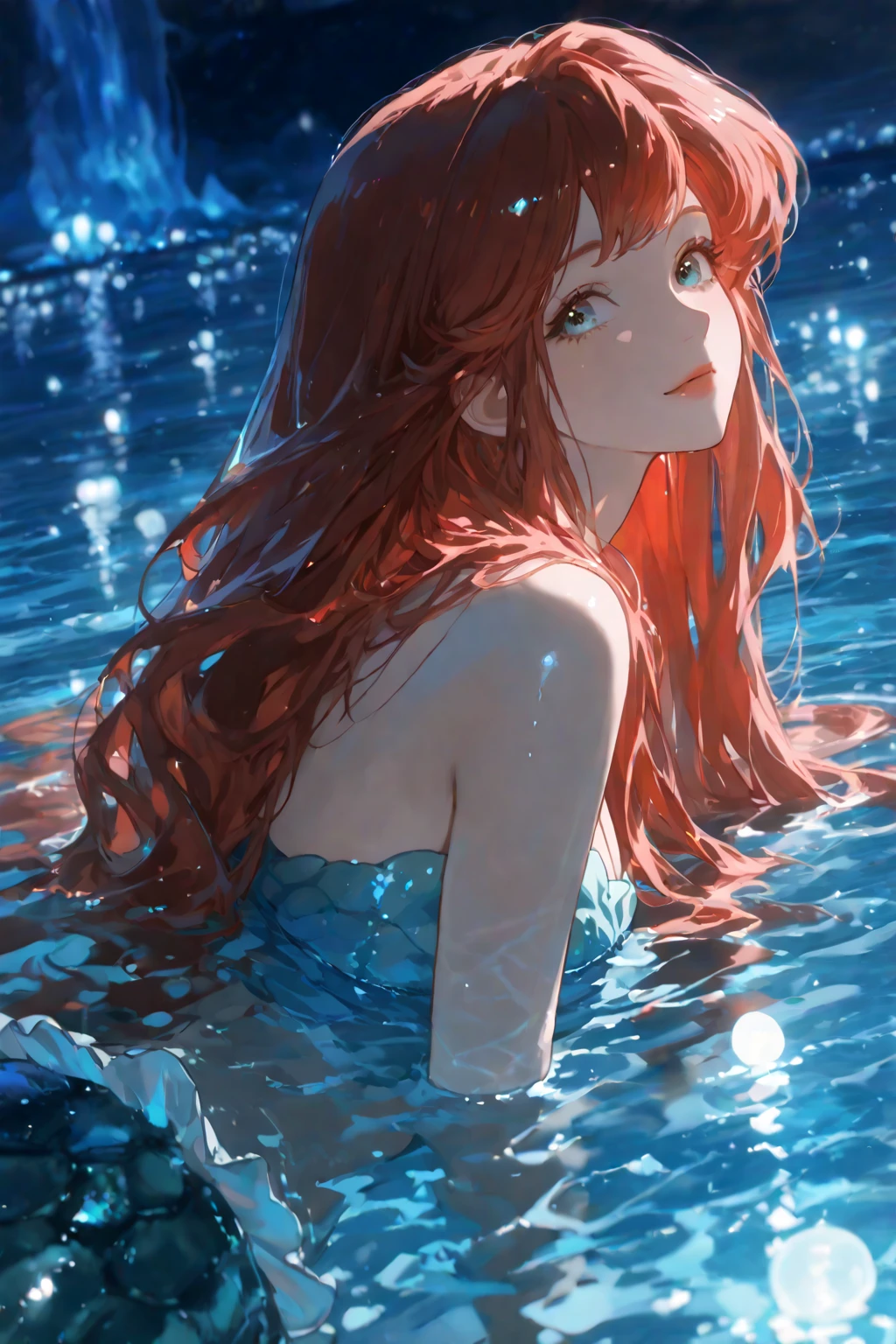 obra maestra, mejor calidad, Still film, mermaid ariel in the sea, primer plano, brillante, feliz, soft warm lighting, puesta de sol (chispas: 0,7)