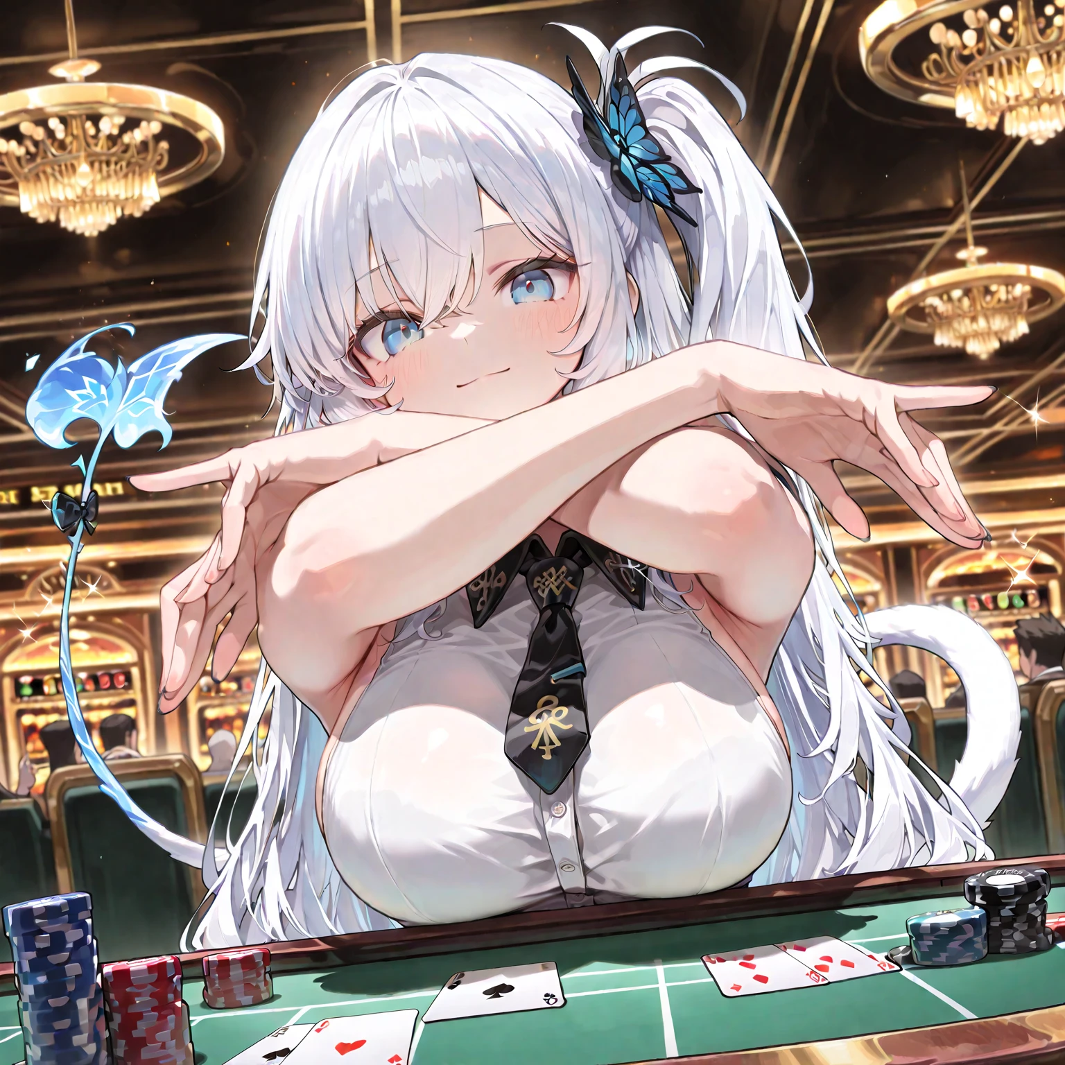 mysterious。White Hair Girl。Detailed Background。White Hair Girlが豪華なシャンデリアが輝くカジノホールでルーレットを回しているシーン。With a tense look、Taking a big gamble。