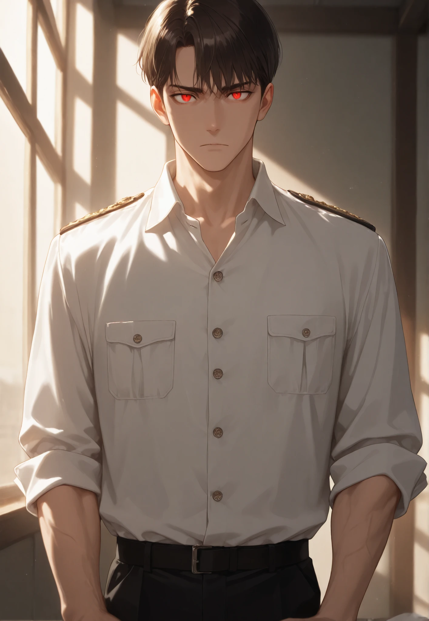 masterpiece, good resolution, good quality, newest. good anatomy, Good Lighting, safe. older man, I bet, anime. Dark brown hair, short hair, military hairstyle. DEEP RED EYES . wrinkles, piel clara, slim build, muscular figure . He Is 58 Years Old, He measures 1'88 cm. Alone, looking at the viewer. wearing clothes:white shirt with buttons, black pants. bottom:simple.