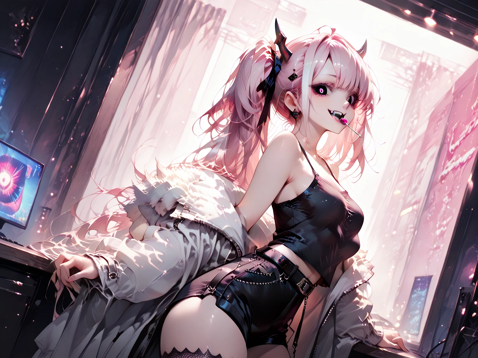 Masterpiece, animerealistic, Top quality, Ultra high definition, Maximum resolution, Very detailed, Professional lighting, kabedon pov, looking at viewer, smug, glowing eyes, One girl, she’s a female oni, pretty big eyes, yellow eyes, wearing mascara, wearing blush, devilish girl, she has light red hair, gothic demoness, Very cute,nffsw\,Best Quality,Sheer panties,Wet panties,White panties, white thighhigh stockings,skyporn,broody,Legs spread posture,Action art,Aim at the enemy,Embarrassed face,Shy face,with blush cheeks,sinister gang,butyric,minimalism,Impact art,Ruins,