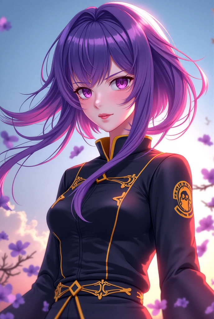 anime girl t-shirt, Long black hair, violet eyes, She has a look , has a black collar, She's wearing a purple top and a blue lycra, is running through the park