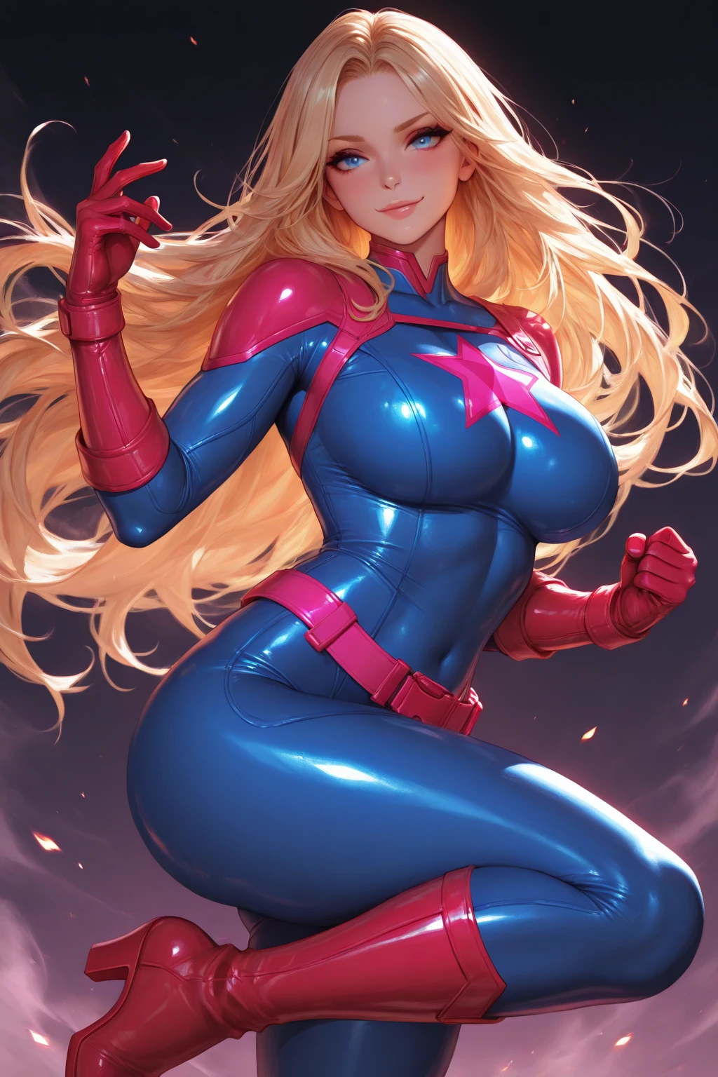 Beautiful woman, wearing golden Spider-Man suit, big breasts, very nice long hairstyle, wide hips, long legs, perfect skin.