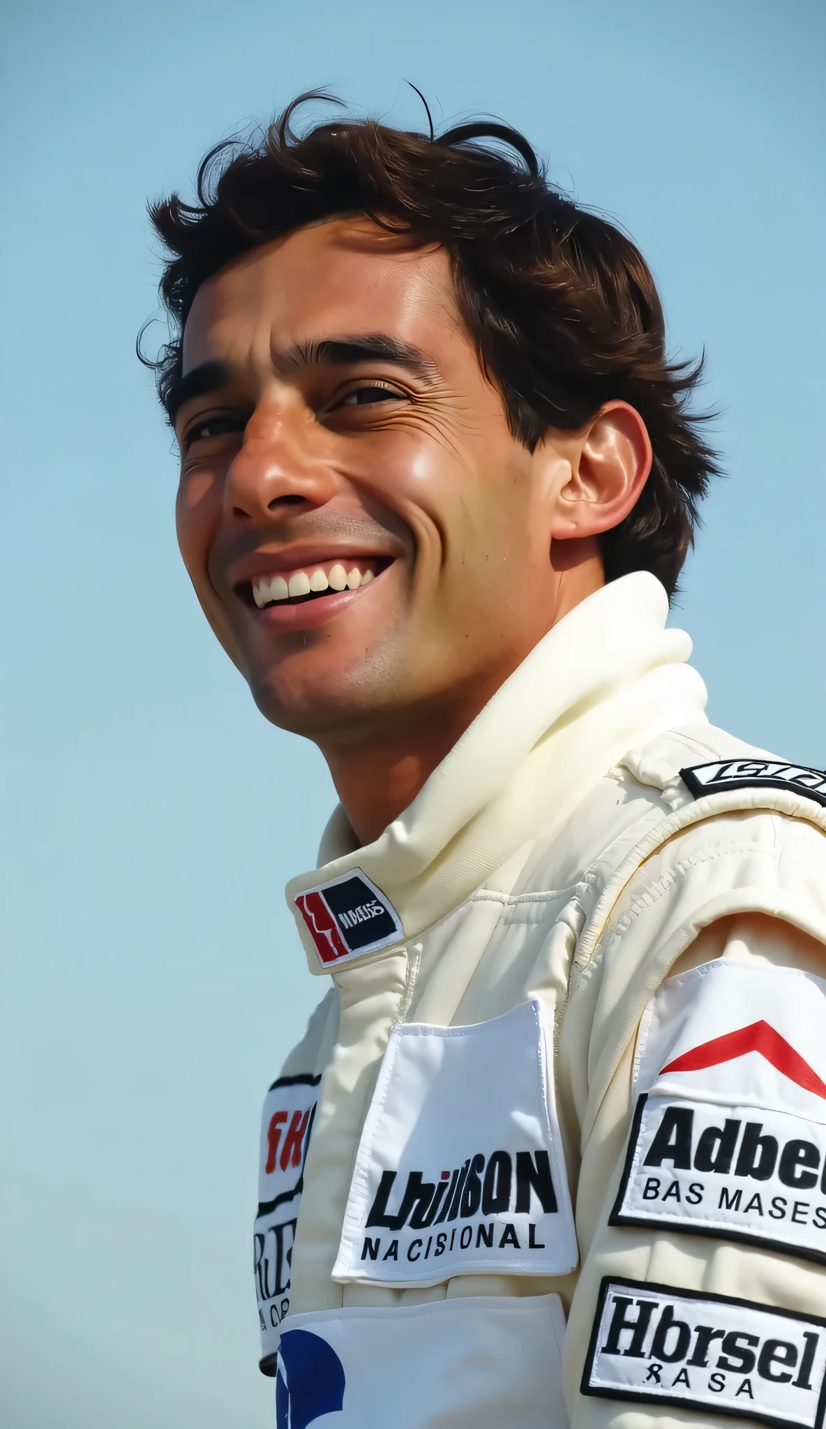 Ayrton Senna,Brazil🇧🇷,f1 driver、〜1994、Can you draw a plain white racing suit,smiling from above the sky,clear々Expression,,full body portrait,laughing,watching the circuit from above