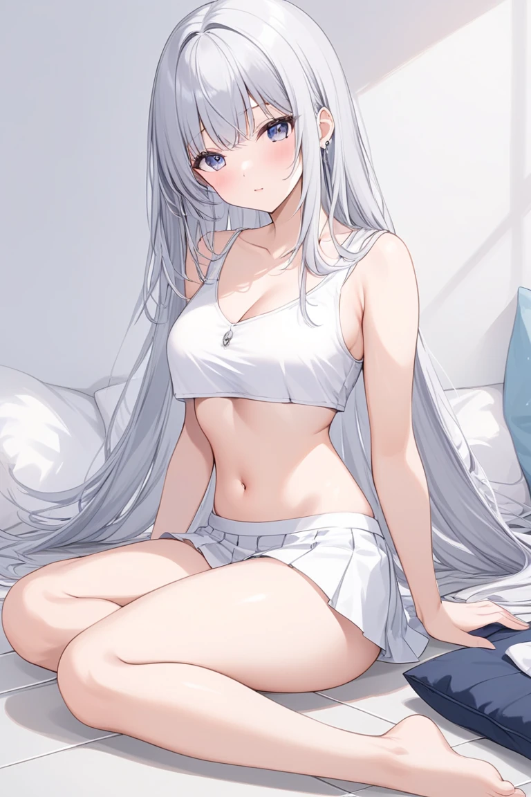 masterpiece, best quality, 1girl, yellow eyes, long hair, white hair, white tank top, lace panties, home, sunlight, anime, cute ,