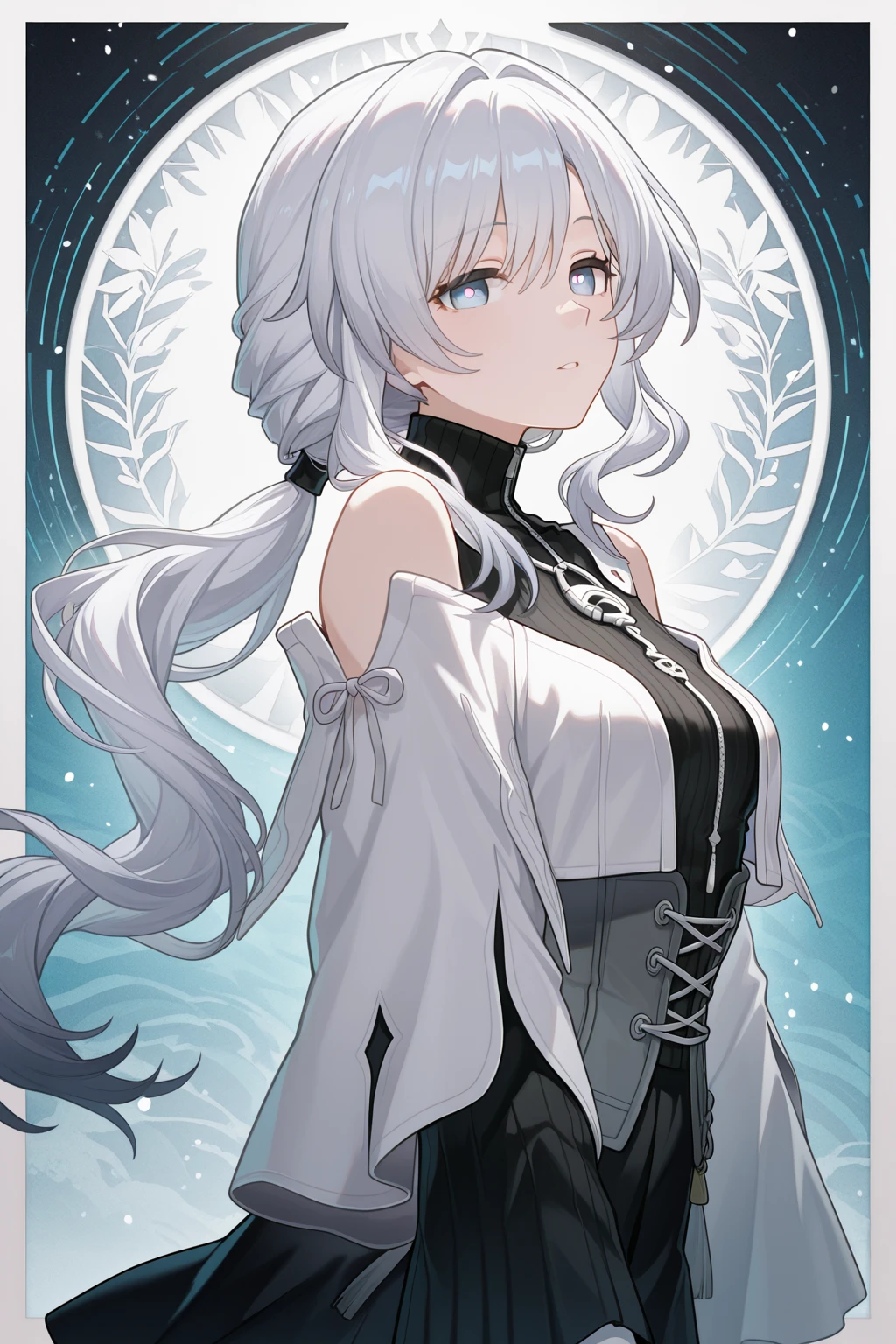 (((delicate eyes)))、smile、Anime girl  , short hair, white hair, cute anime girl  、from the side、profile、smile、colorful stars、night sky、moon、Fractal Art、Gwythe、