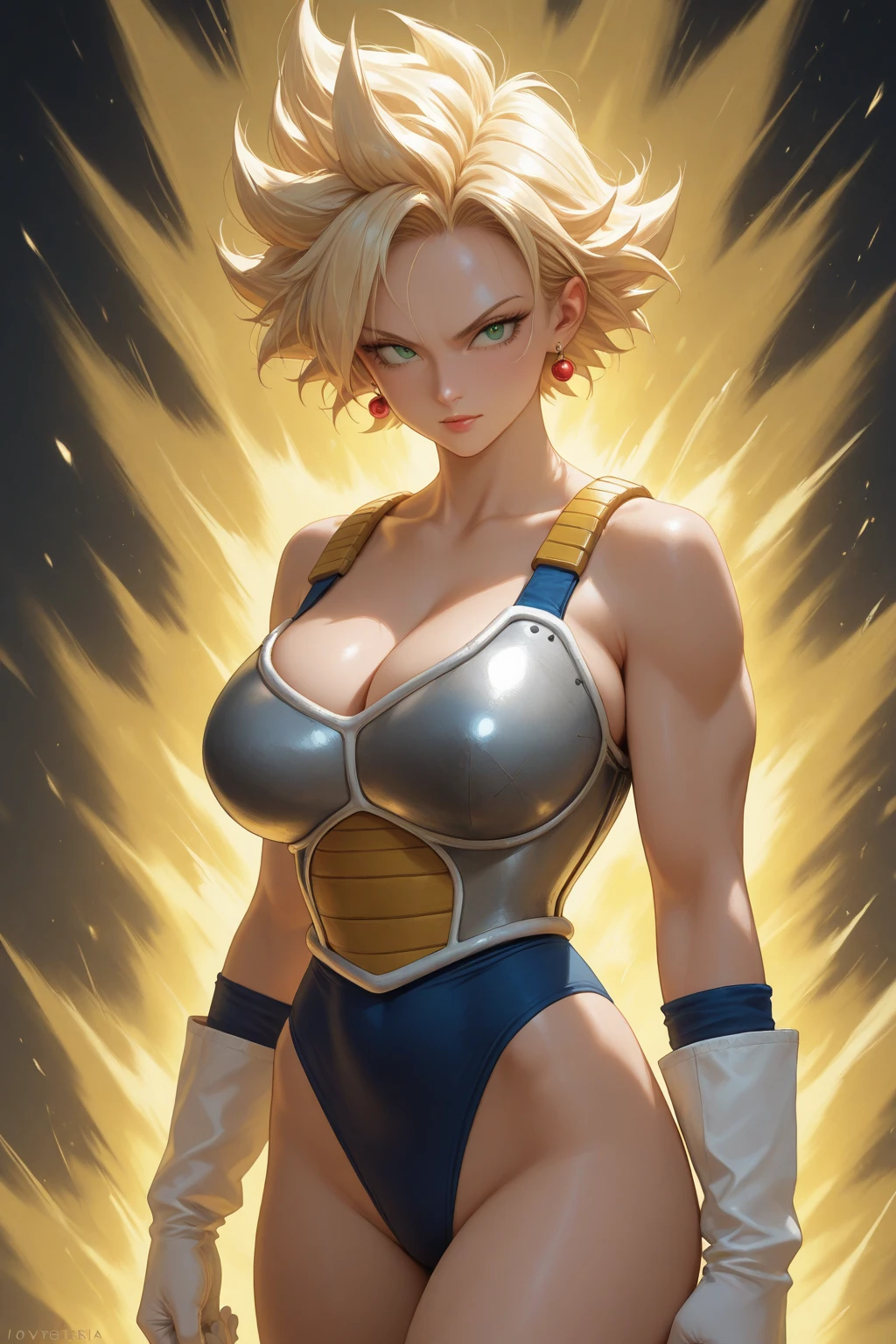 Muscular blonde woman with short hair with large breasts detailed large thighs detailed voluptuous wearing golden lingerie with thunder powers facing standing in the water with lightning sticking out of her eyes