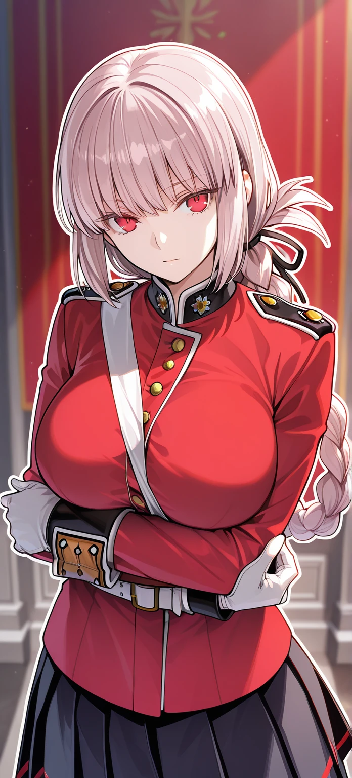 masterpiece, best quality, highres, aafng, braid, large breasts, military uniform, red jacket, strap between breasts, white gloves, belt, pleated skirt, black skirt, white pantyhose, <lora:florence_nightingale_v1:0.7>, cowboy shot, standing, outdoors, looking at viewer, arms at sides, straight-on,