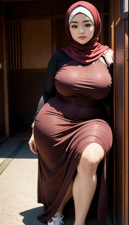 ((best quality)), ((masterpiece)), (detailed), perfect face, araffe woman thick and thight long pants posing for a picture, curvy model,, curvy hourglass figure, sexy longest hand t-shirt, thicc, beautiful full body shot, soft curvy shape, in a longest hand t-shirt, a beautiful woman open legs , bbwchan, , armpits, there is a old woman posing in a dark room with a maroon burka clothes , 43 years old, thick body, beautiful thick female, wide hips, thick legs, she has a jiggly fat round belly, thick thighs, curvy hourglass figure, thicc, curvy model, widest hips, hyperrealistic full figure, bbwchan, voluptuous body, thick, tattooed body, tattooed hands, hena on arm, hena in belly, Burka girl, muslim clothes, 43 years old woman. Burka chubby woman, chubby cheeks, wearing a sneakers, bob hairstyle, thick neck, short neck, there is a woman random pose red-brown hijab, bbwchan, thicc, brown hijab outfit, brown hijab fashion model, korean girl, korean woman, wearing brown robe, full length shot, alluring plus sized model, japanese goddess, clothed in hooded, voluptuous and arousing, portrait shot, curvy model, voluptuous body, wonderful, nene tanaka body , bbwchan, The overall atmosphere is smooth , haunting illustrations, extremely high-resolution details, photographic, realism pushed to extreme, fine texture, 4k, ultra-detailed, high quality, high contrast, red sneakers , cold atmosphere ,, 8k resolution , ultra-detailed resolution , wearing long thight pants, random pose with full body , full body, diamond necklace , wearing a watch , thick arm, thick cheeks , wearing a gold Bracelet