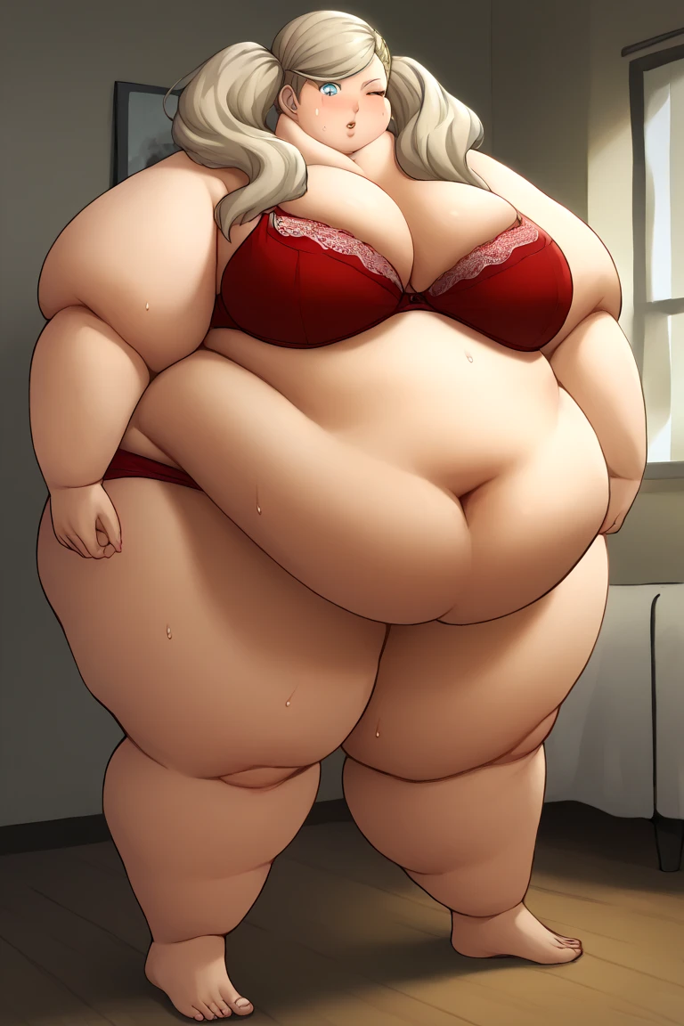 best quality, high_resolution, obese girl. red-skinned demon girl, with red skin, with a lustful face has her hips on the camera, the camera can see her panties, blonde pigtails hair, brown eyes, a boob size A, sfw