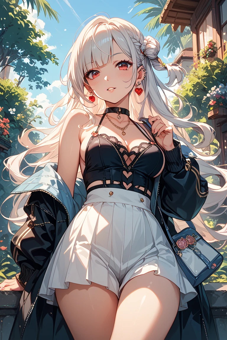 Female character, 1woman, solo, anime, beautiful, aesthetic, illustration, anime artstyle, masterpiece, best quality, detailed, ultra quality, professional artwork, digital art, sexy black chinese short vest with golden details, medieval clothes, warrior clothes, shaman outfit, irresistible, gorgeous, pure art, official art, 4k, black shorty, naked thighs, hd, anime art, illustration anime digital art, digital, professional artist, white hair, long hair, messy hair, light blue eyes, so pretty, basic expression, shaman, medieval, cool, looking you, 90s anime style, toonify, scenario, scene, blushing, looking something else, doing something, situational, anime scene, embarrassed, nervous, mad, , cute expression, 80s anime, episode, natural pose, natural art, professional pose, basic art, 2d anime artstyle, outside, scenario backgrund, anime background, warm temperature, warm tone, golden hour, lovely, in love, extreme embarrassment, professional lights and shadows, best quality, best shade, perfection