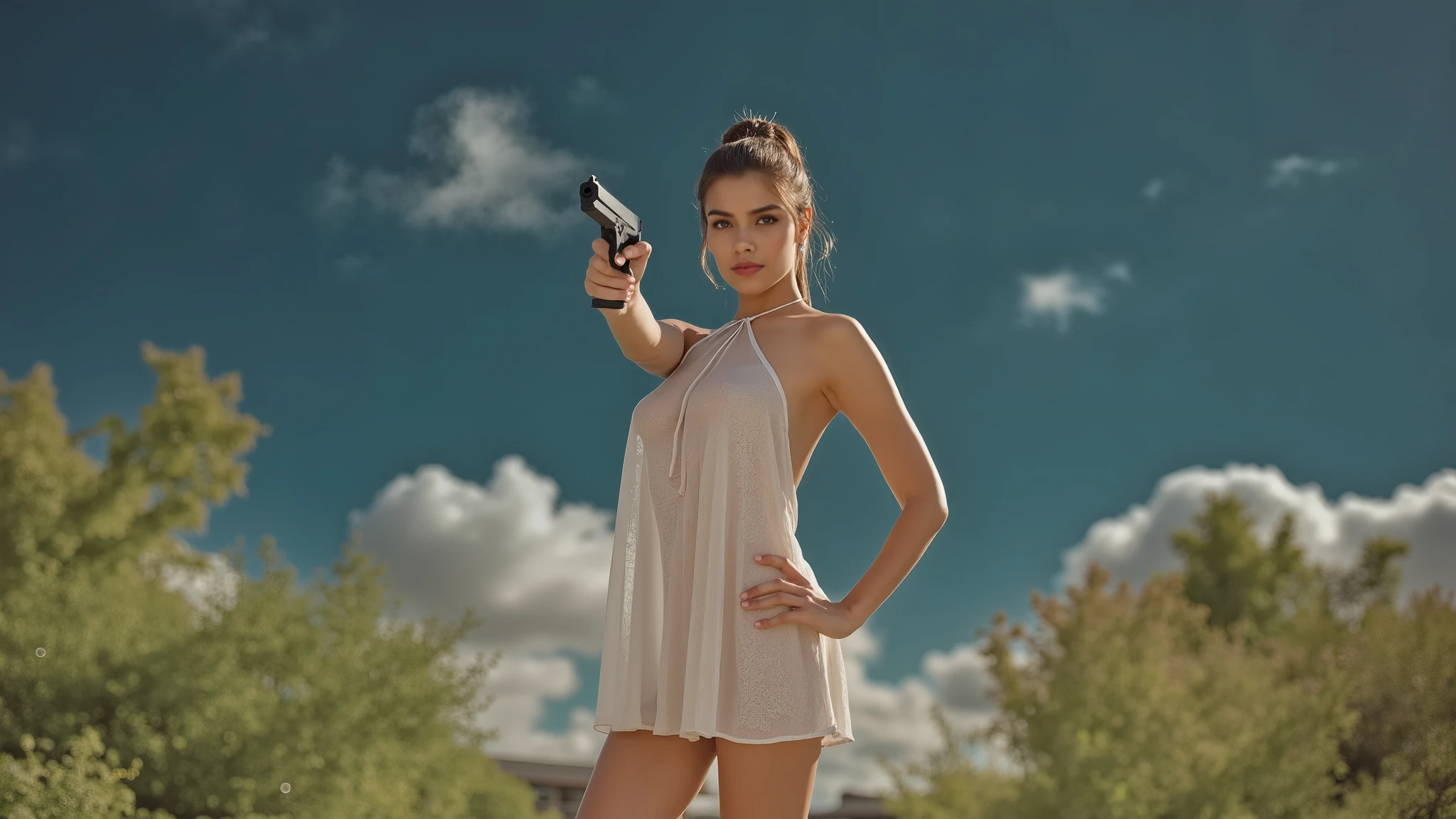 low angle view, a naked 19-year-old woman in a garden, divine atmosphere, foggy, large-breast:1.1, (((side boob))), transparent:0.1 shift dress, slim:0.6 body, cold face, slim face, aiming viewer with pistol, half body G-string panty level shot. background portrait