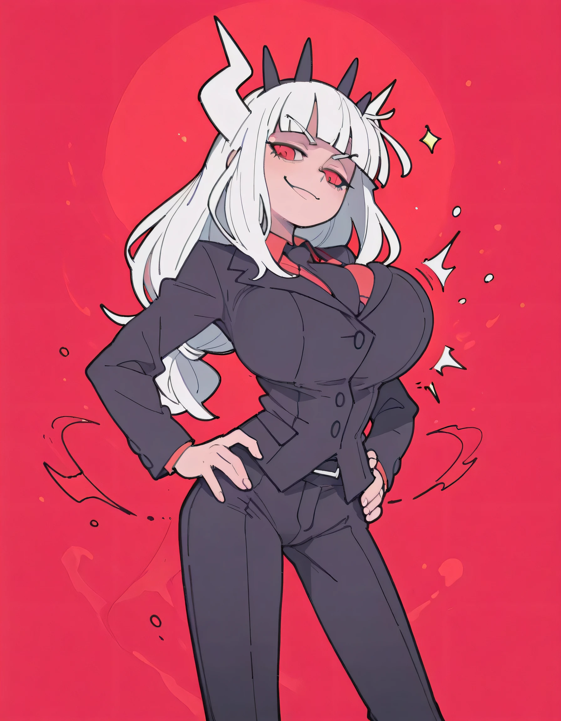 masterpiece, ultra-HD, impressionism, high detail, best quality, very aesthetic, 8k, best quality, beautiful, tmchng, 1girl, lucifer (helltaker), skinny , horns, white hair, long hair, blunt bangs, huge breast , red eyes , eyes liner , business suit, black jacke , black pants , formal, necktie noaharbre , arched chest , bulge , hands on hips , open legs , head tilted , thighs , smirk , shaking breast , breast expansion , red background