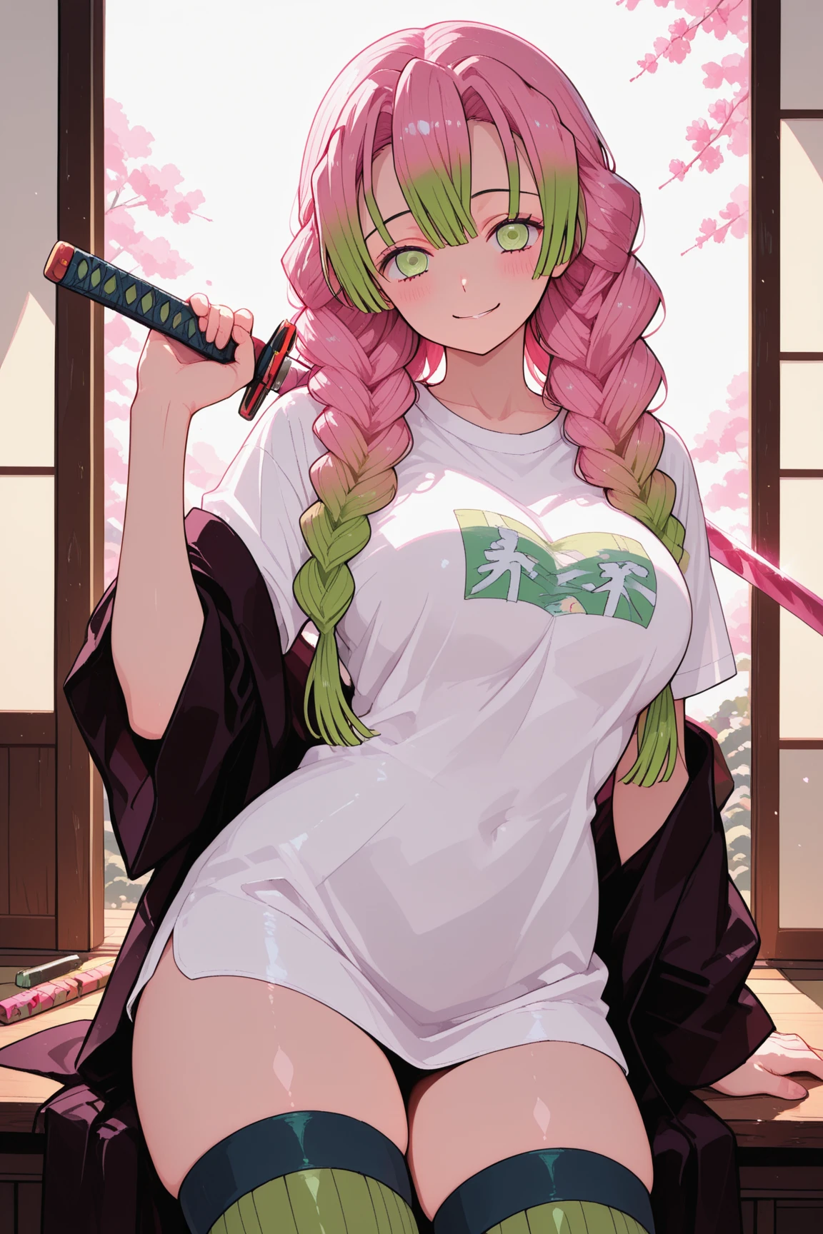 beautiful, (best quality, masterpiece, super detailed: 1.5), perfect lighting, shiny, hires, nature, cobblestone, steam, blue sky, in the distance, whole body, face focus, 1girl, Mitsuri (demon slayer), beautiful girl, beautiful face ((Mitsuri (demon slayer))), a girl with long green-pink gradient hair and green eyes in a long-sleeved jacket with a neckline, white haori, a black skirt with a silver belt and green striped hips, pink hair, green hair, gradient hair, multicolored hair, long hair, bangs, double braids, green eyes, demon slayer uniform, long sleeve jacket, white haori, black skirt, silver belt, green striped thighs, blush, sweat, realistic, buxom chested, large_breasts, wide hips, (thick barbells: 0.9), low-cut, standing, hands behind your back, viewer look, erotica
