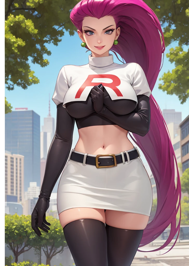 ((best quality)), ((highly detailed)), masterpiece, ((official art)), detailed face, beautiful face, (detailed eyes, deep eyes), (1girl:1.33, solo), full body, jessie\(pokemon\), very long hair, large breasts, red hair, hair slicked back, (cyan eyes), earrings, grin, team rocket, team rocket outfit, white crop-top, white miniskirt, midriff, navel, black elbow gloves, black thighboots, action pose, (dynamic pose, dynamic angle, city, detailed background:1.2) <lora:jessie:0.8>