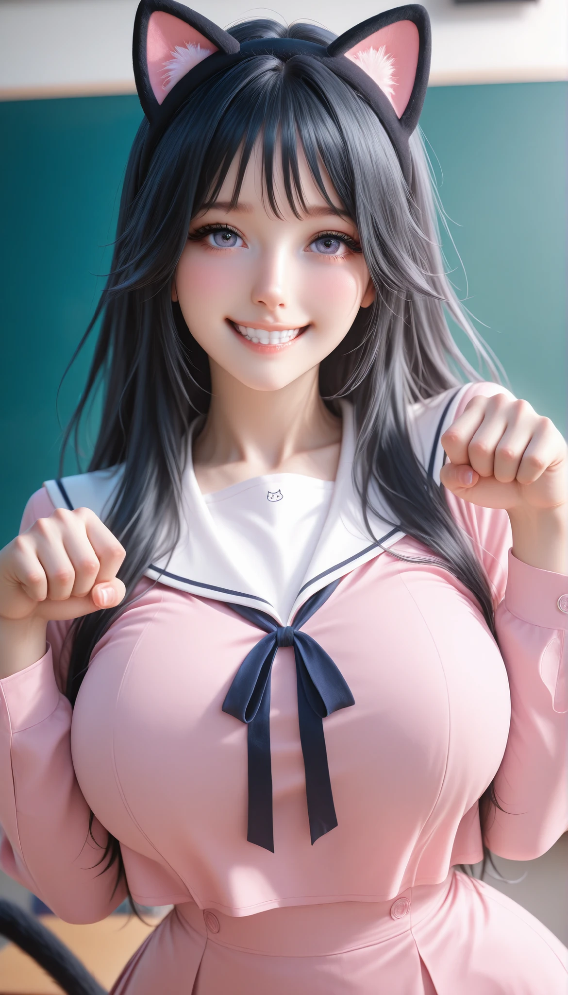 waguri kaoruko, cat ear hairband, black hairband, school uniform, pink dress, white sailor collar, white shirt, serafuku, petite anime girl, black hair, long hair, wearing a refined, , wide curvy , doing cat paw pose, rawr pose, 1girl, solo, Hype4realistic, Realistic, Ultra-Realistic, looking at the viewer, half body, eyes little open, smiling, teeth, class room,black tail