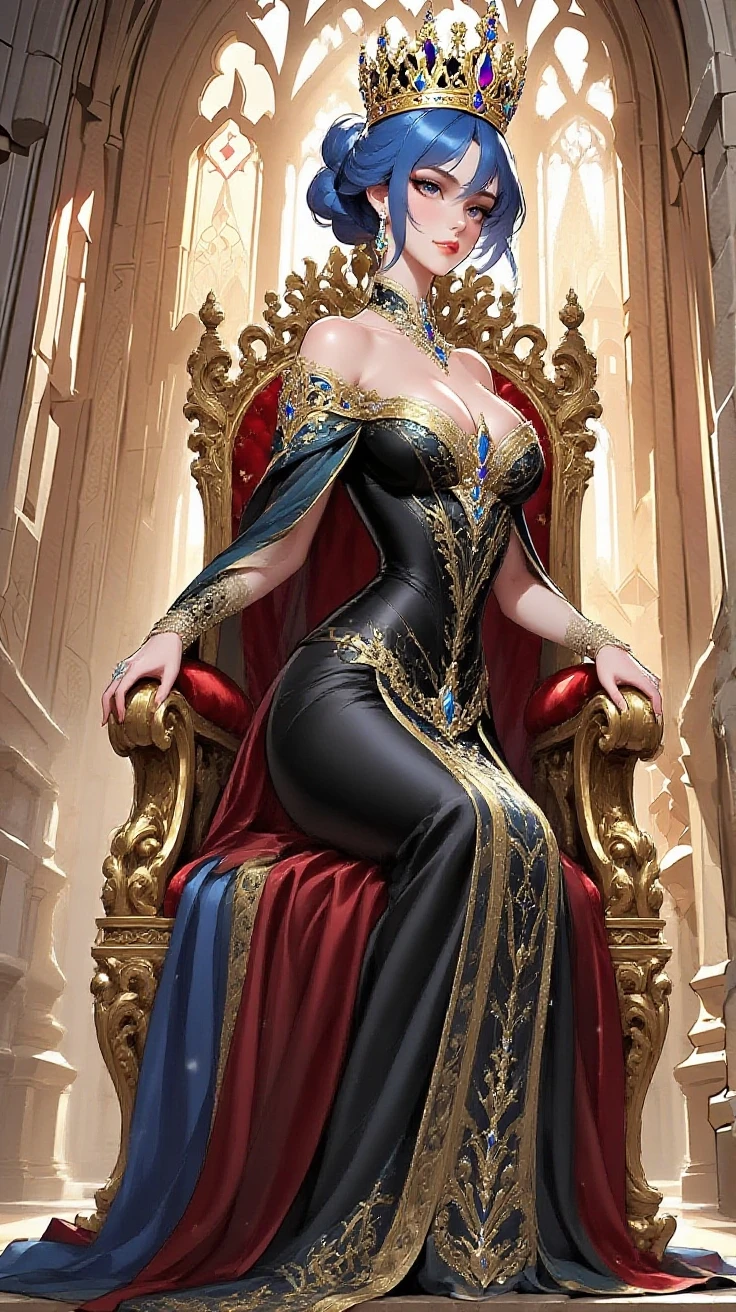 A queen of a wealthy, independent kingdom is seated elegantly on a luxurious chair placed on a high dais, crossing her legs. She looks down with a smile at her subjects, conveying a sense of superiority and grace. The setting is regal, with an opulent background that reflects the wealth and power of the kingdom.
