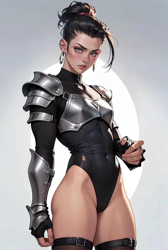 (high resolution, pixel perfect, gorgeous illustrations), (hyper quality, muste piece, etheric: 1.4), ((nsfw)), (((cowboy shot))), face focus, ((1girl)), (((boyish))), (((((punk))))), hot Rocker punk girl, ((((sexy pose, open stance)))), cool atmosphere, black hair, ((((very_short_hair, slicked_back_hair)))), (((piercing))), eyelid_piercing, nose_piercing, (((Exquisite face, aroused))), blush, ((black_lips)), (gothic_makeup), tattoo, ((((muscular_female)))), (ideal ratio body proportions, slender, flat chest), fighter, ((((wh_chi_armor)))), ((highleg_leotard_armor)), (((cameltoe))), shiny skin, gleaming skin, simple background,