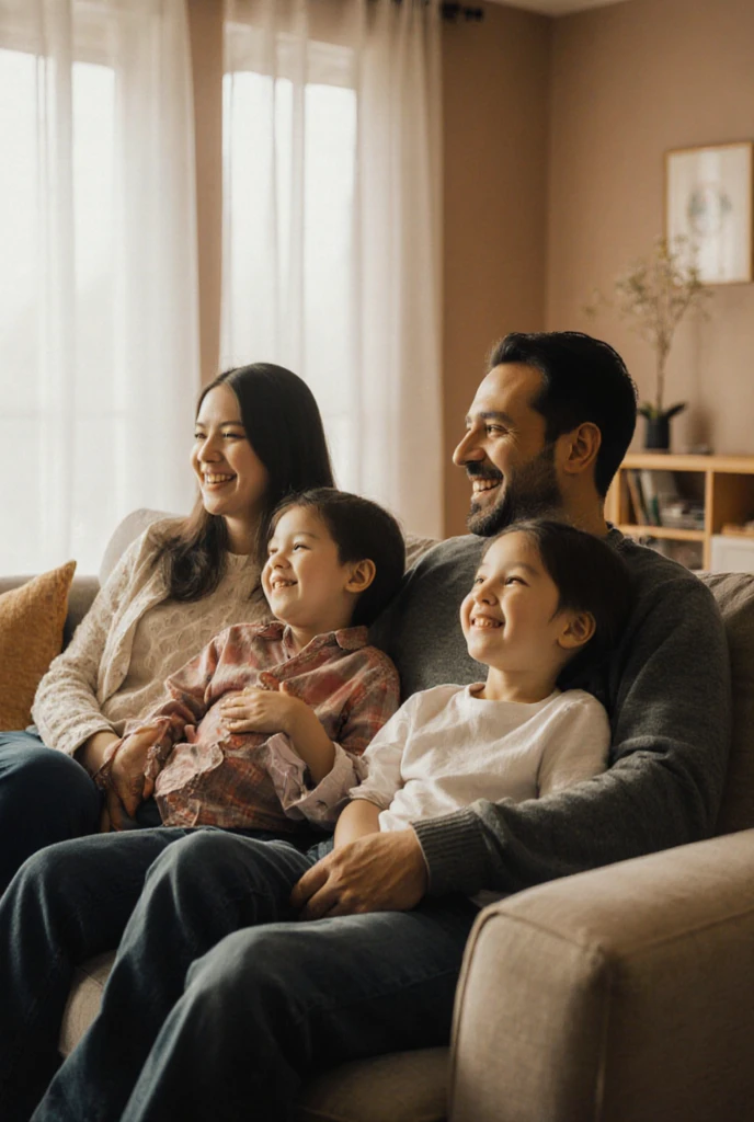 generate image of a young happy couple in their early 30's who have just moved into their new home which is designed by my interior design company. Couple is sitting on couch in their living room and their young girl kid playing with dog near couch. Couple is Indian couple , living hall interior is modern contemporary with few indoor plants. Couple is dressed in smart western casuals like jeans and t-shirt. Picture is taken from little back so that more of their newly decorated inliving hall is visible and few unopened cartons to represent that they just moved in and not completely done with unpacking.