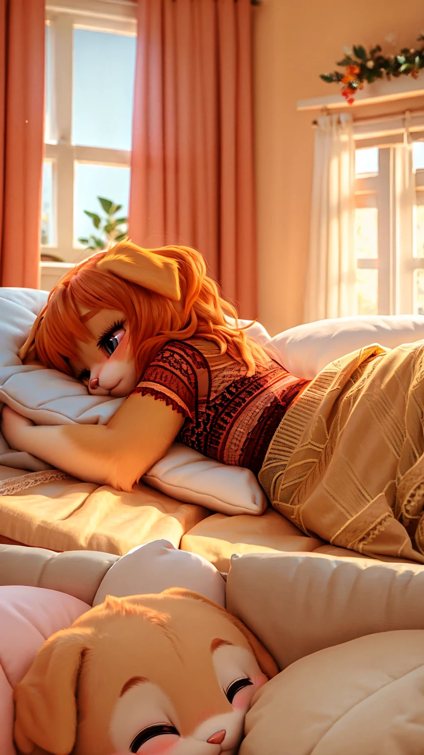 pony, beige earth pony, no horn, no wings, adult filly, lush mane braided into a braid, lush tail, closed eyes, sleeping in a crib, dressed in an pajamas and bonnet, pacifier in her mouth, solo, thick under her clothes.