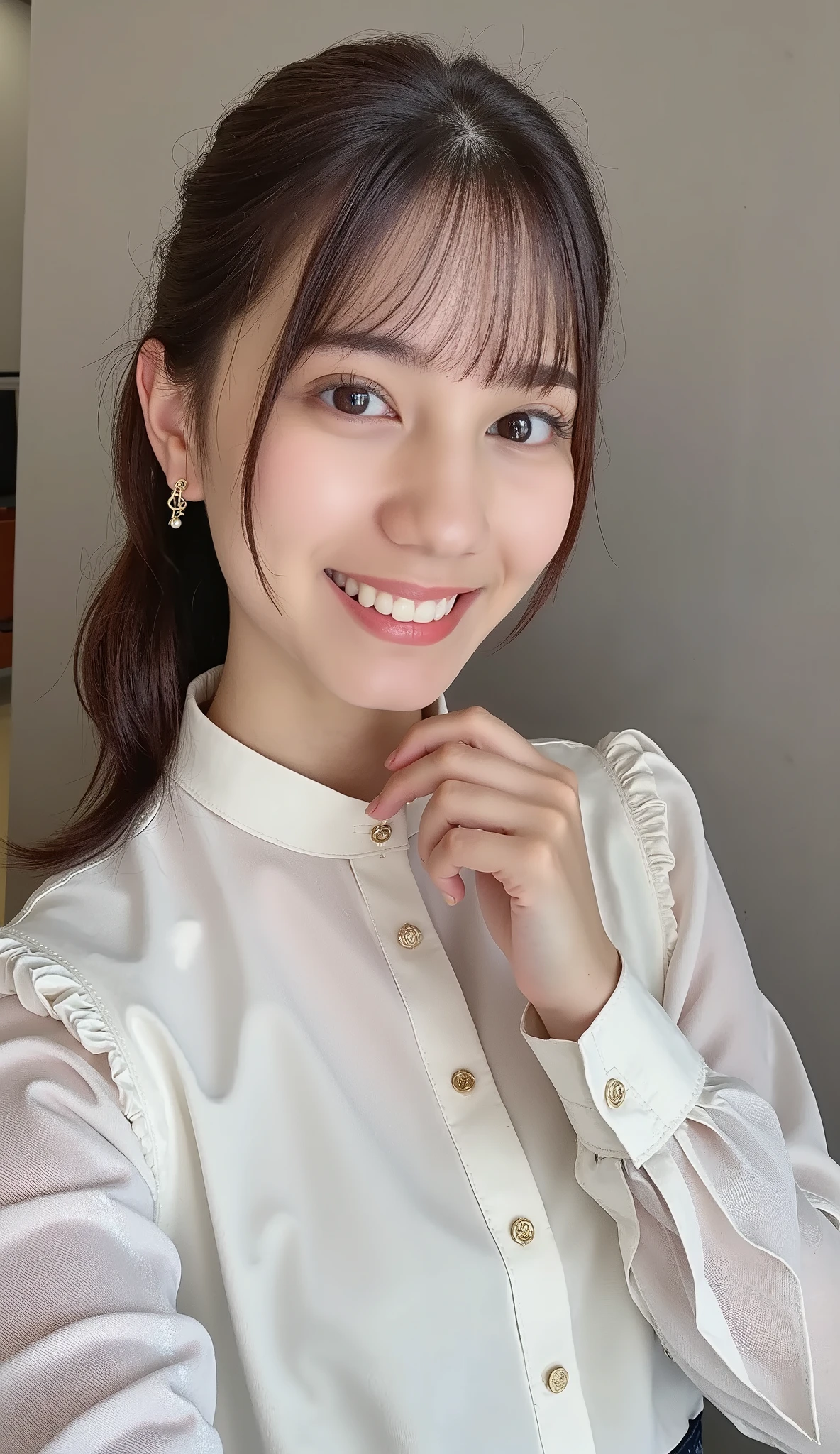 (masterpiece, best quality:1.2), 1girl, soloNeat Young Woman、looking at the camera、office lady suit、jacket、shirt、necklace、Ear piercings、茶髪、、smile showing teeth、 、The background is office
