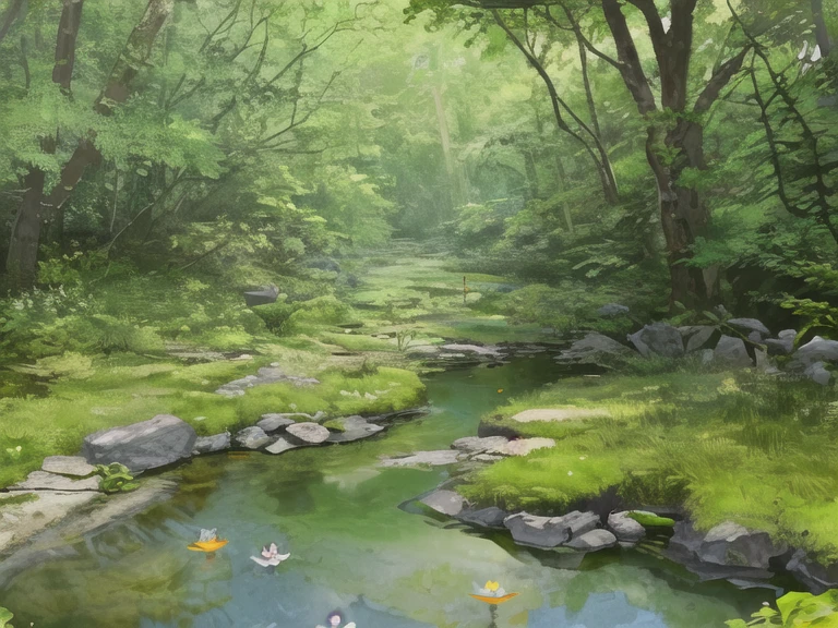(Best quality)), (no photos of people), in the forest, frogs, quiet ponds, lots of wildflowers, creeks, stones, moss,