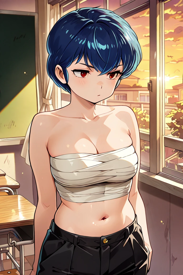 masterpiece, best quality, absurdres, TsurugaAmi, ponytail, green hair ribbon, black choker, black shorts, casual, cleavage, collarbone, navel, short shorts, spaghetti strap, sleeveless, <lora:TsurugaAmi:1>