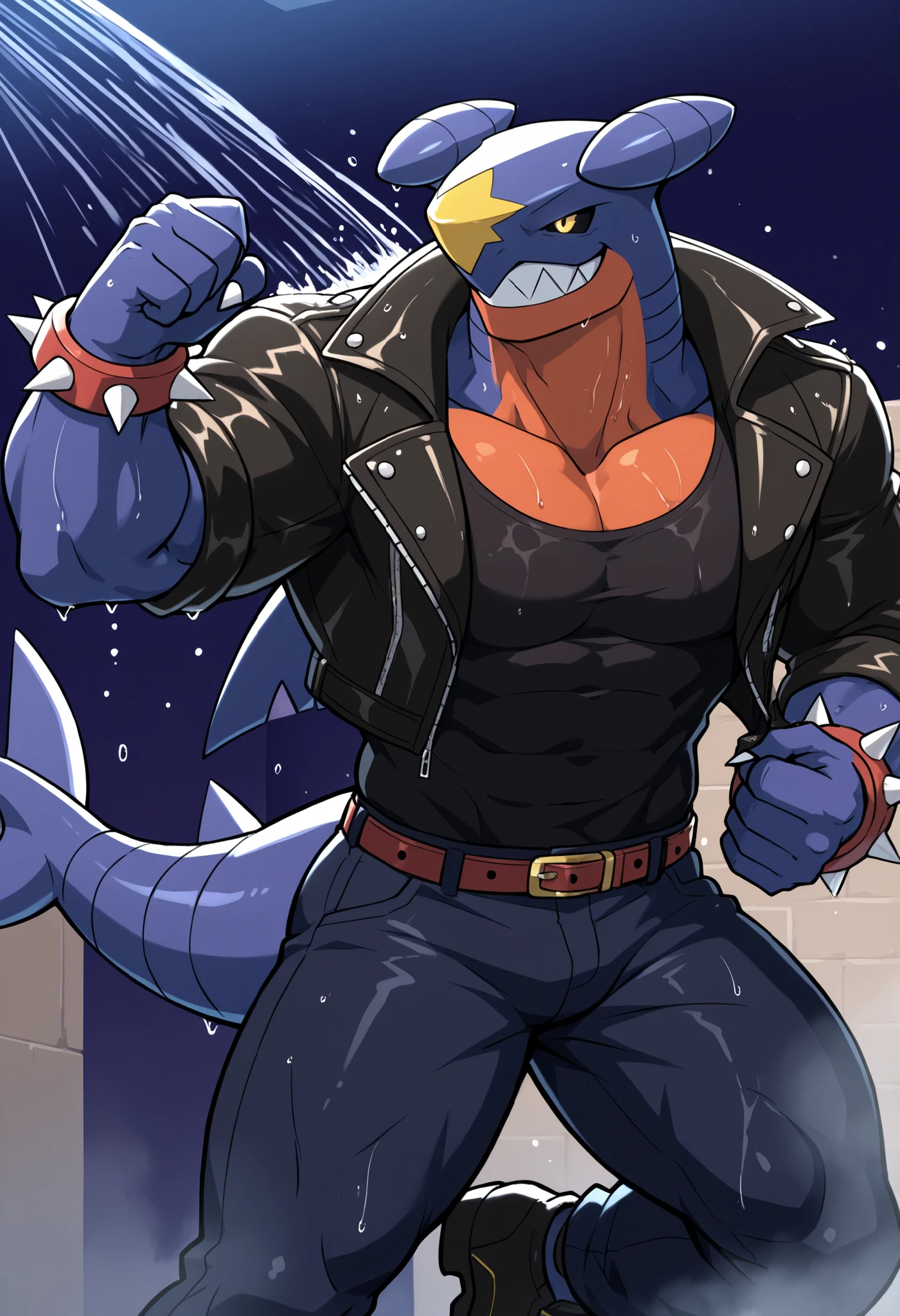 score_9, score_8_up, score_7_up, score_6_up, score_5_up, score_4_up, high quality, detailed, Bass, Garchomp, pokemon (creature), anthro, 1boy, solo, male, black sclera, yellow eyes, muscular, leather jacket, shirt, spiked bracelet, pants, belt, footwear, smile, active shower, steam, wet, dynamic pose