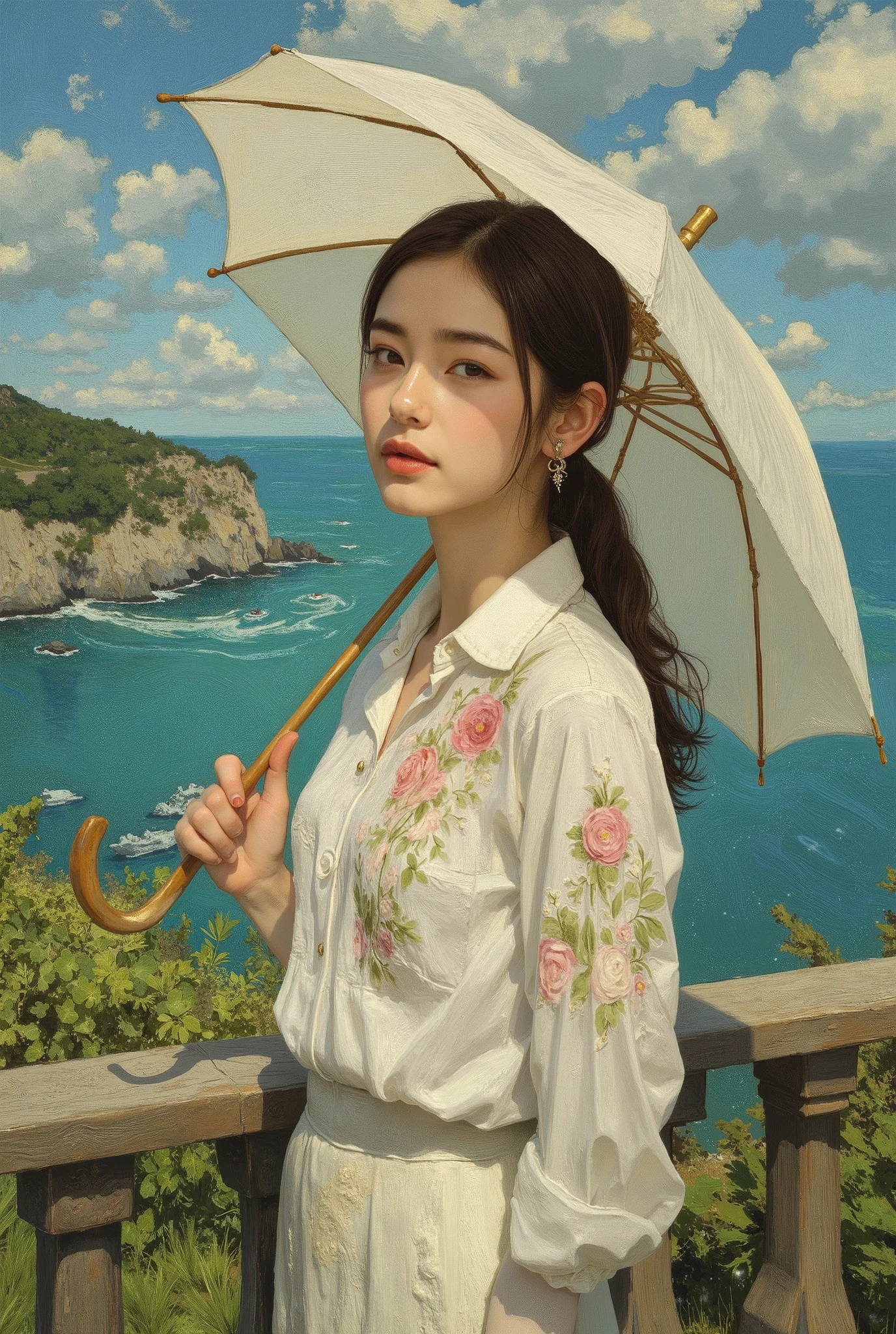 (best quality, 4k, highres, masterpiece:1.2) , ultra-detailed, (realistic, photorealistic:1.37), A photorealistic portrait of an elegant young woman standing, She is having a Sun Umbrella for Women, Claude Monet Scenery Excellent Quality、4K resolution、super definition、Realistic、PROFESSIONAL、Dynamic Range HDR、vibrant colors、bokeh、Impressionist style、oil、beautiful light、elegant atmosphere、Natural elements、In the sunshine、marine scenery、delicate texture、Elegant posture, 19rth century, she is taking a walk, hyper detailed moist skinn texture,
