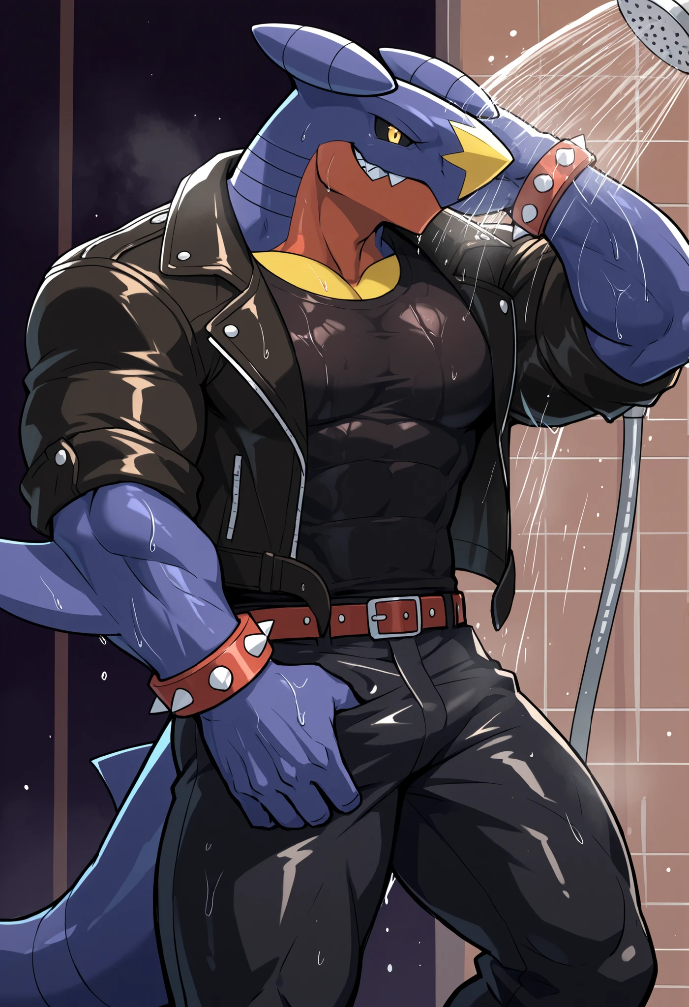 score_9, score_8_up, score_7_up, score_6_up, score_5_up, score_4_up, high quality, detailed, Bass, Garchomp, pokemon (creature), anthro, 1boy, solo, male, black sclera, yellow eyes, muscular, leather jacket, shirt, spiked bracelet, pants, belt, footwear, warm smile, active shower, steam, wet, washing himself, dynamic pose