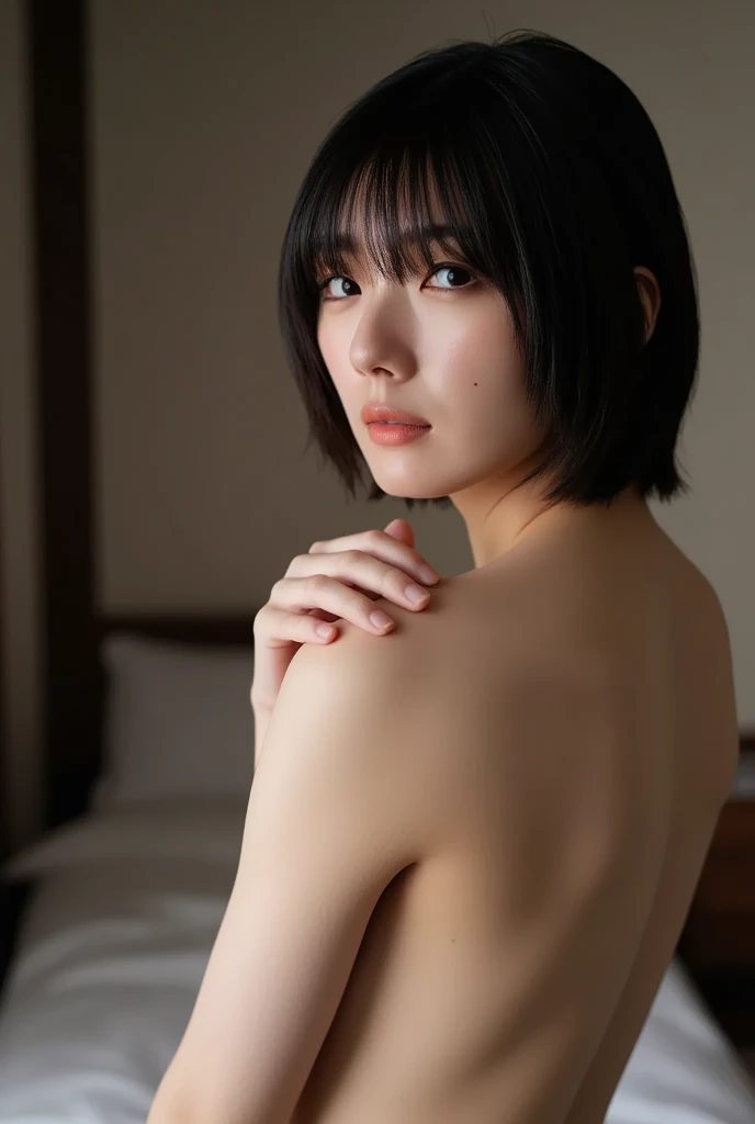 (Very detailed), ((Realistic)), (Better Quality), Very beautiful woman, Highest quality, 8k, masterpiece, Photorealism, practical, 1. Beautiful Japanese Woman, Mature Woman, 4, Delicate skin texture, short hair,Shooting from behind