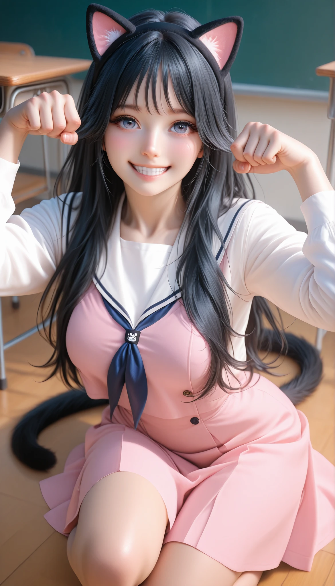 waguri kaoruko, cat ear hairband, black hairband, school uniform, pink dress, white sailor collar, white shirt, serafuku, petite anime girl, black hair, long hair, wearing a refined, , wide curvy , doing cat paw pose, rawr pose, 1girl, solo, Hype4realistic, Realistic, Ultra-Realistic, looking at the viewer, eyes little open, smiling, teeth, class room,black tail, on knees and one hand is on ground like a cat