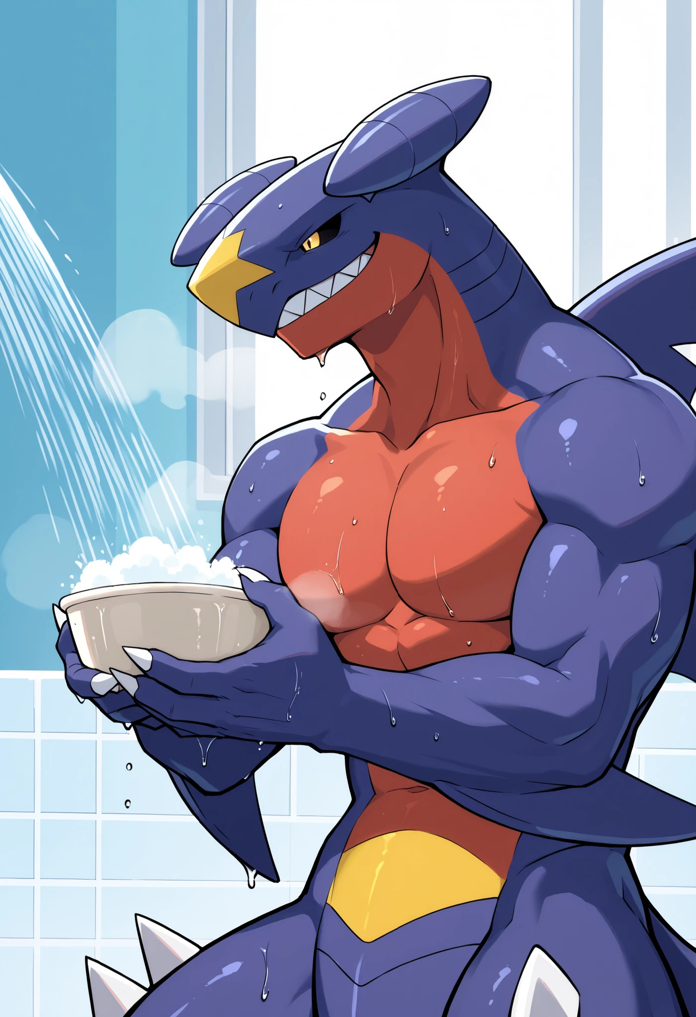 score_9, score_8_up, score_7_up, score_6_up, score_5_up, score_4_up, high quality, detailed, Bass, Garchomp, pokemon (creature), anthro, 1boy, solo, male, black sclera, yellow eyes, warm smile, active shower, steam, wet, washing himself, dynamic pose