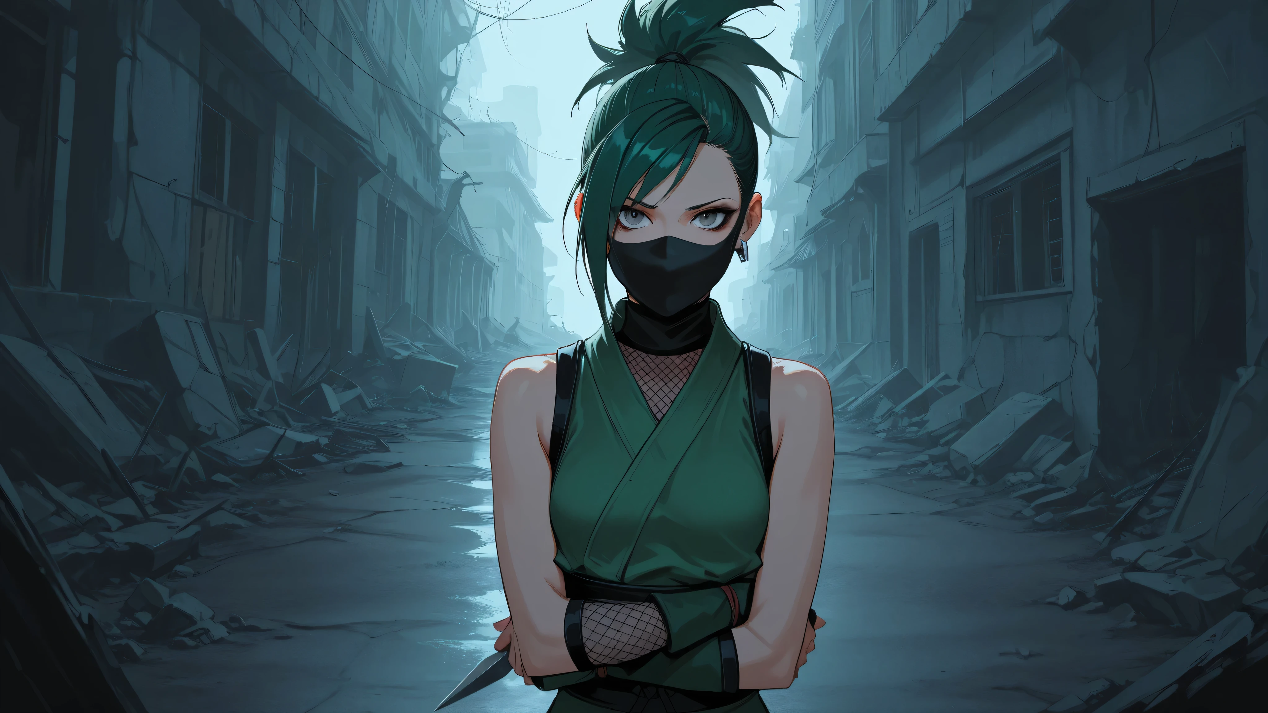 score_9_up, score_8_up, score_7, Source_ manga , Cinematic Lighting, 8k, ((Highest Quality, Crazy Resolution, sharp image)), grey eyes, green hair, ponytail, makeup, Iron Pointed Earrings, Shoulders, Simple Green Outfit, Ninja, plain mask, black detailed mesh inner, Ruins at Night, Kunai, The eyes of the craziest villain, small breasts, standing with arms folded, front angle, upper body, solo