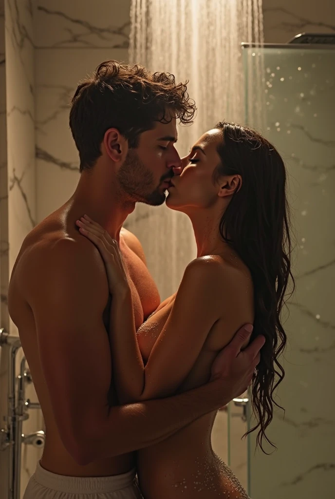 A Brazilian woman taking a shower without a bra having sex with a man


