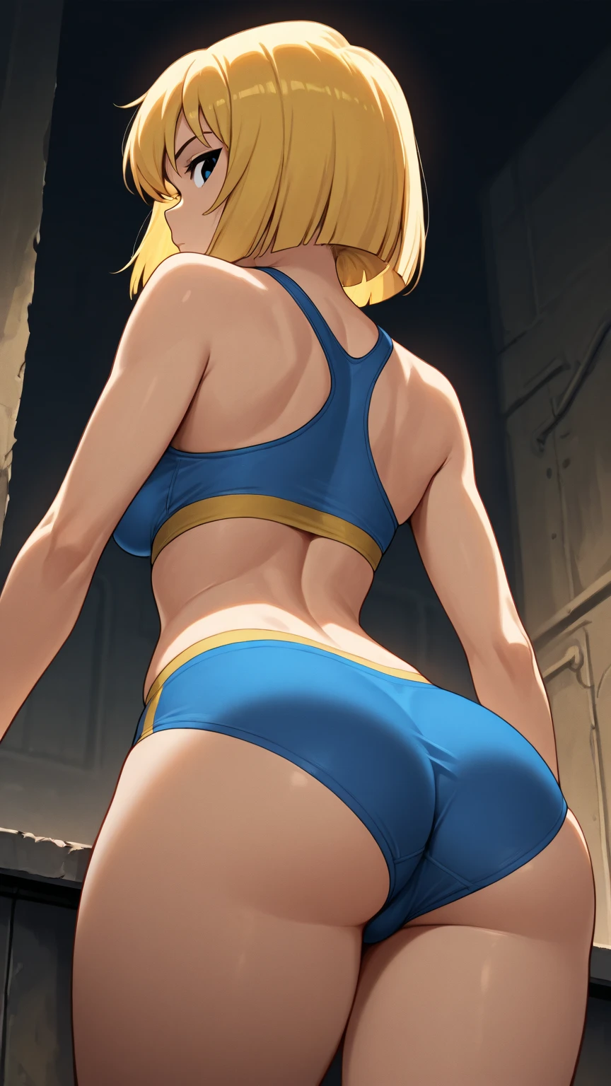 (Highest quality:1.5, High resolution, 超High resolution, 4K, Detailed lighting, Shaders)(Beautiful details:1.6)(Artoria Pendragon), alone (Swimsuit)++ short hair,ponytail Parody, Blue choker, Beautiful Abs Beautiful arm muscles ((Are standing)) Realistic swimming pool Angle from below Cool look Beautiful ass