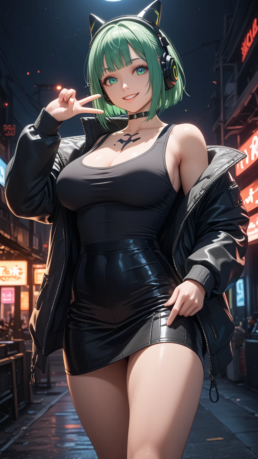 big breast, on hands and knees, short green hair, cyberpunk, blindfold, bloody nose, lewd face
