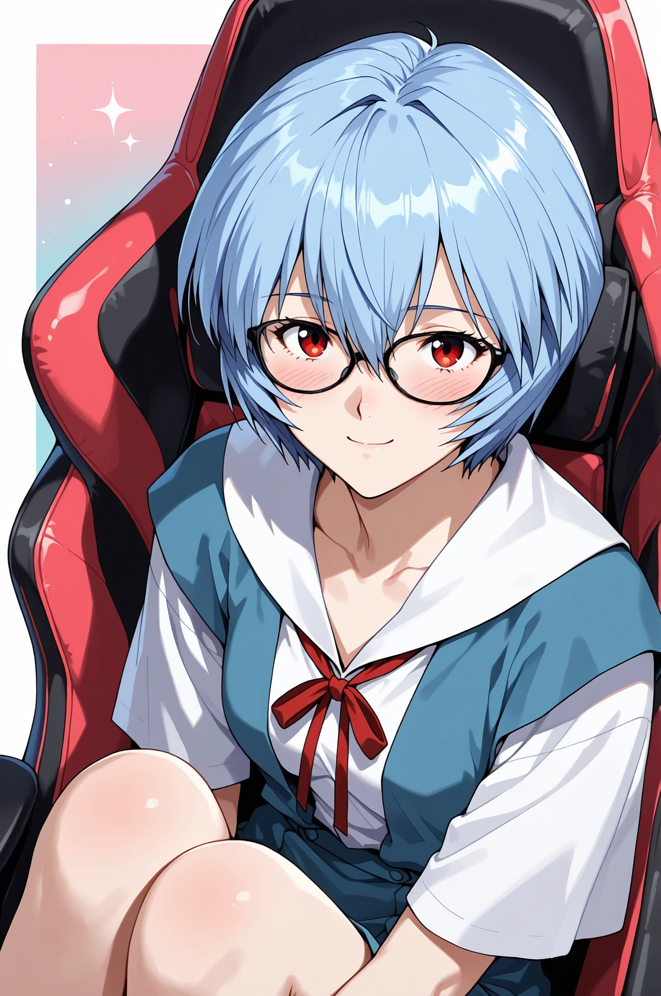 source_evangelion,
highly detailed eyes, perfect eyes, upper body, 
Highest Quality, details, Newest, AI-generated, super high resolution, 
curvilinear, anatomically correct, detailsな肌,  less eye blow, (1 girl, solo, Ayanami Rei from below, sitting on gaming chair, red eyes, blue hair, short hair, kind smile, joyful, happy, blush, black glasses), tokyo-3 middle school uniform, pastel background, high angle。look up viewer,
