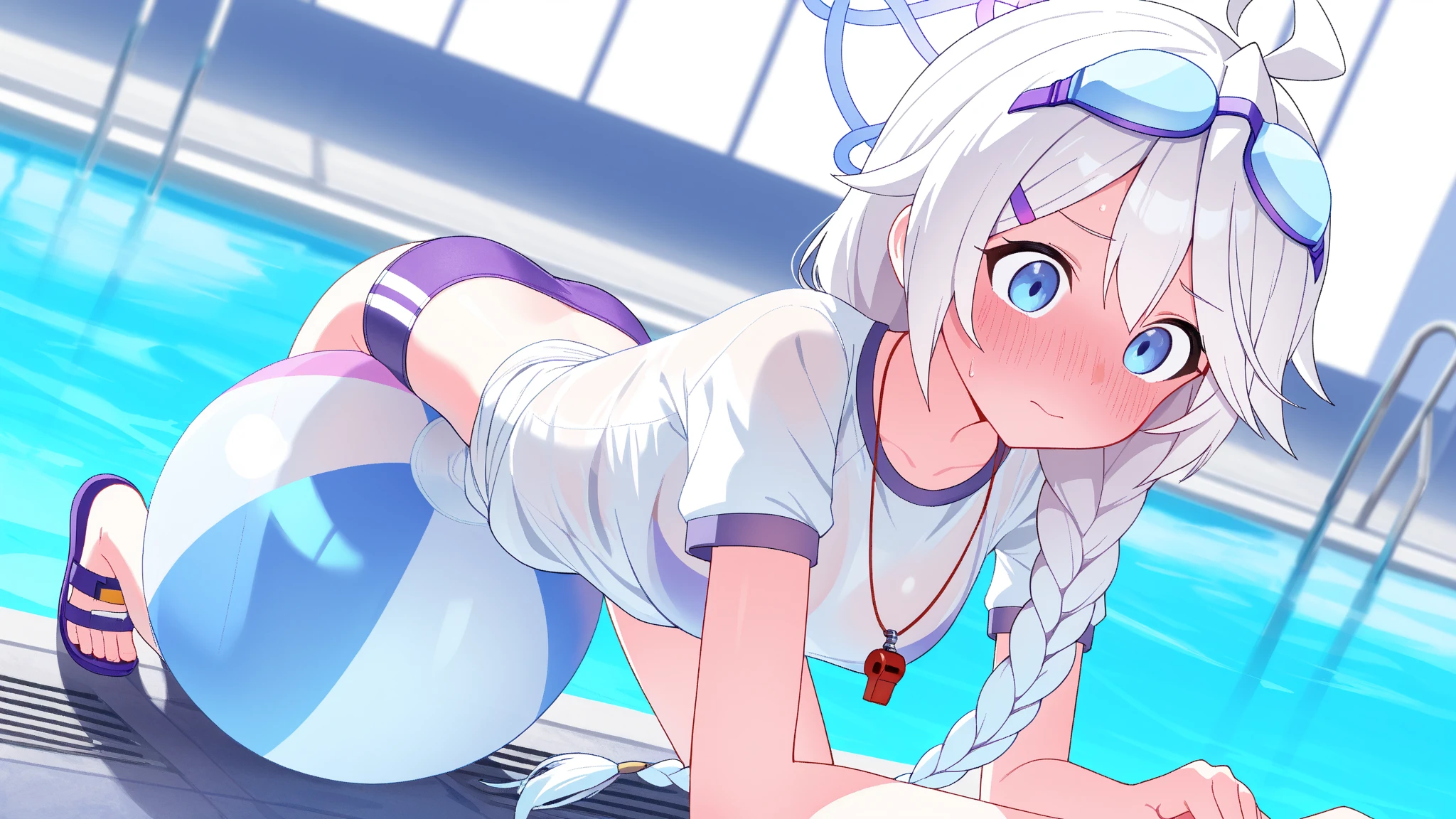 1girl,ass,bangs,bare_shoulders,beach,black_legwear,blue_hair,blue_swimsuit,blurry,blush,breasts,competition_swimsuit,feet,headphones,large_breasts,long_hair,looking_at_viewer,looking_back,ocean,one-piece_swimsuit,pantyhose,pool,poolside,sand,shore,soles,solo,swimsuit,thighband_pantyhose,thighs,water,wet,
//,<lora:彩线-OneLastKiss:0.3>,<lora:hotarusaturation_2_v100:0.5>,