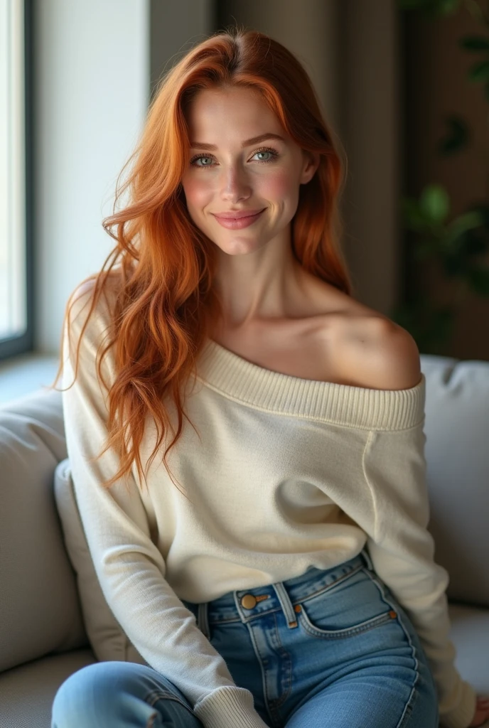 A happy, full body beautiful photo of the most beautiful busty redhead young woman, natural beauty, no makeup with pale skin, long wavy rich ginger hair, blue eyes, hollow cheeks, freckles on face and body, wearing an elegant sweather in a cozy living room (Ultra details, High Quality)