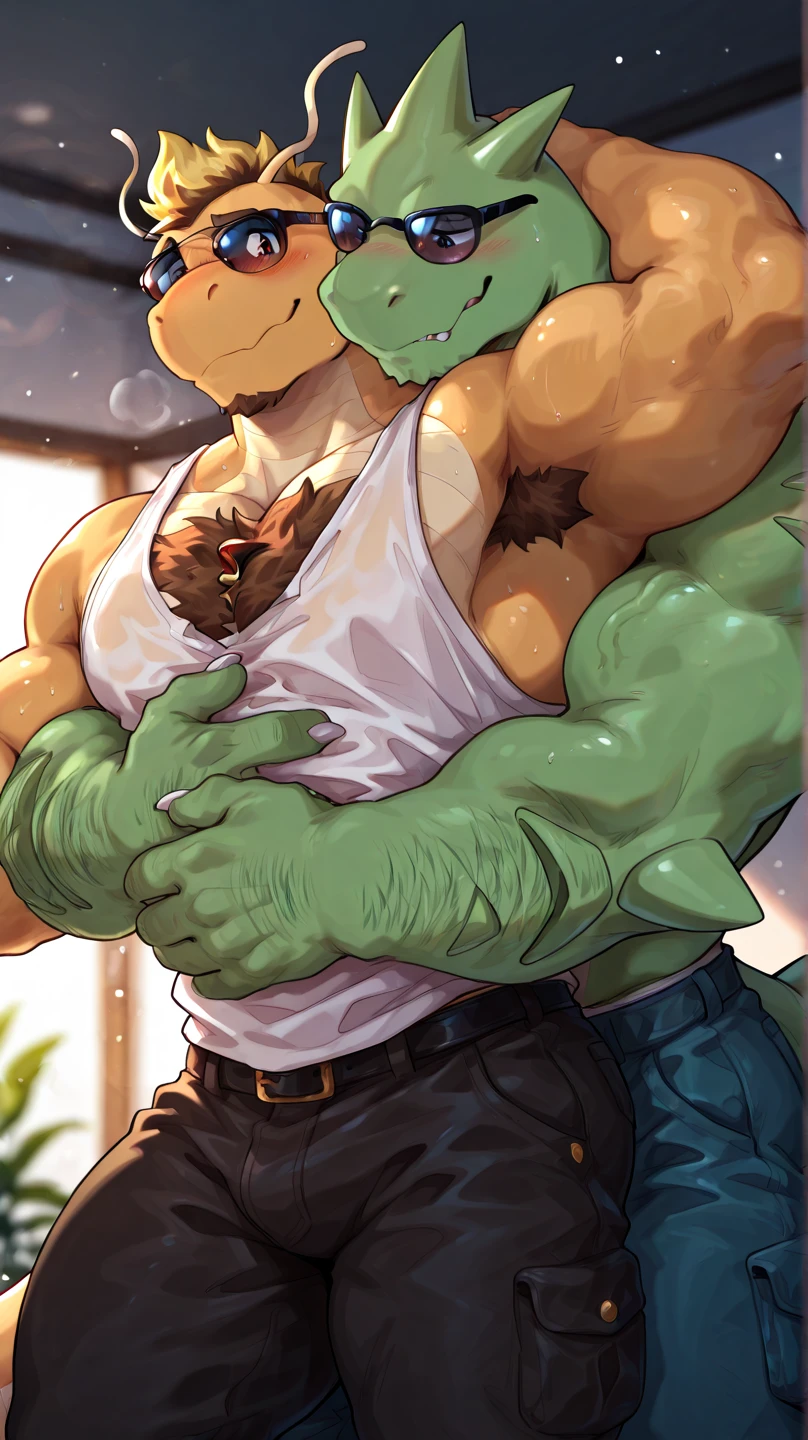 Dungeon Jail, standing, watching, flexing, contour of the penis, (ultra detailed), A beautiful and detailed life-size portrait of two male anthropocodile crocodiles, alligator (green body, Dark skin), tree (scales, detailed scales, muscular antrum, strong, Big pecs), nudes, bright eyes, Red eyes (bright), pectorales Bigs, hugged face to face, bedroom_eyes, detailed eyes, Big body, sexy body, subtract, Rosa Tran,Ruan Jia, trend on Artstation,Foxovh, cinematic lighting, Big breaths, Big , Hands on the chest, SMILE, detailed background, day, side view, empty eyes, foreskin, tanned body, tan scales, empty eyes, wet, evening, Big body, thick thighs, lizard tail, whole body, uncut penis, big penis, Big butt, looking at each other with love, caressing each other, while they rub their penises on top of each other
